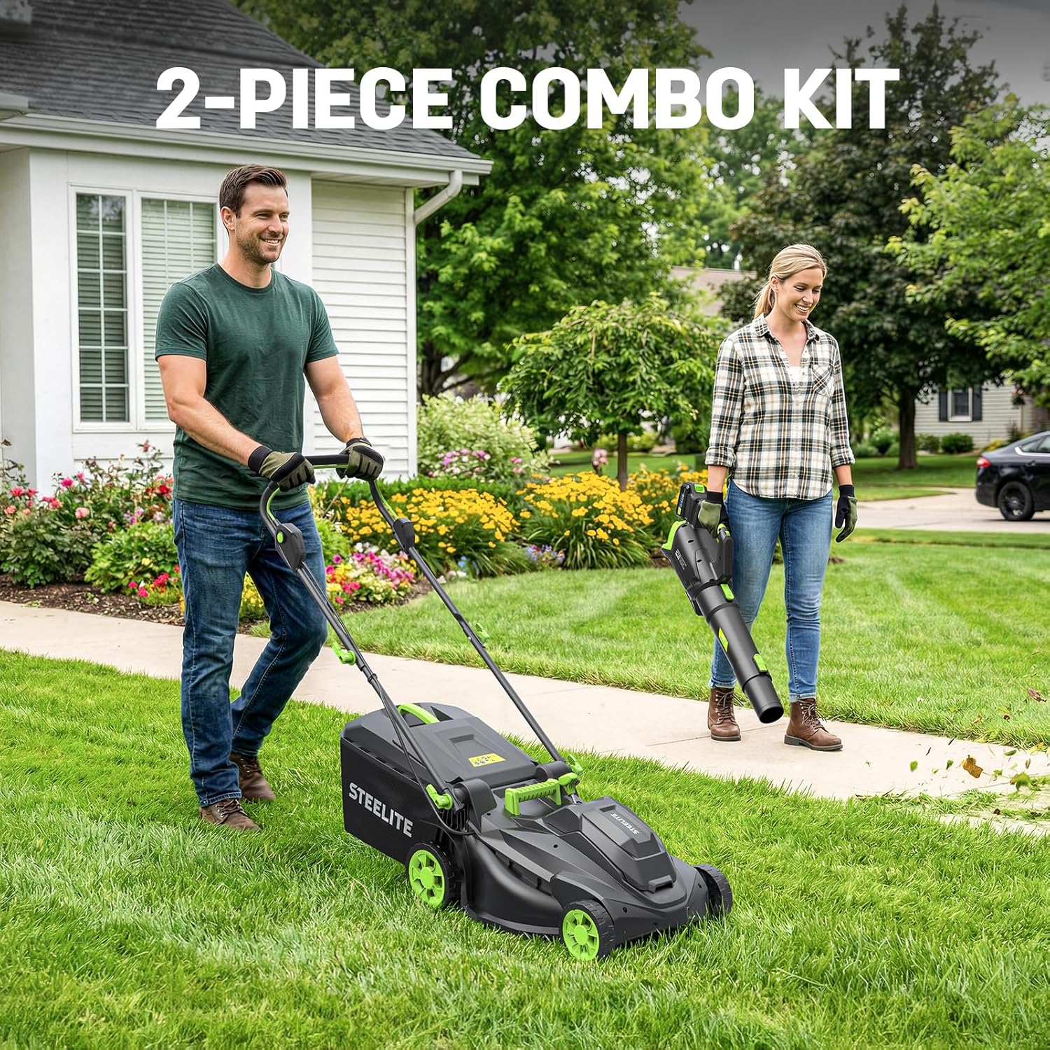 STEELITE 40V(2x20V) 17-inch Electric Lawn Mower and 500 CFM Cordless Leaf Blower Combo with 2x4.0Ah Batteries and Dual Chargers