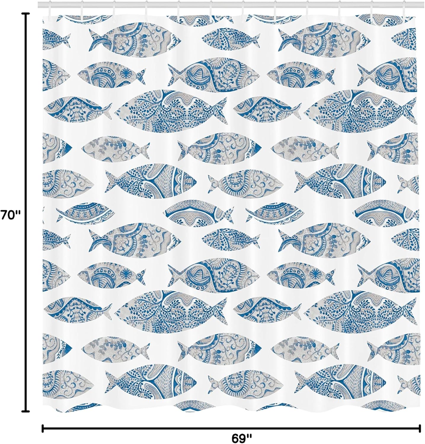 Ambesonne Nautical Shower Curtain, Fish Sea Animal with Ottoman Ornate Mosaic Hand Drawn Style Marine Artwork, Cloth Fabric Bathroom Decor Set with Hooks, 69" W x 70" L, Azure Blue Dust