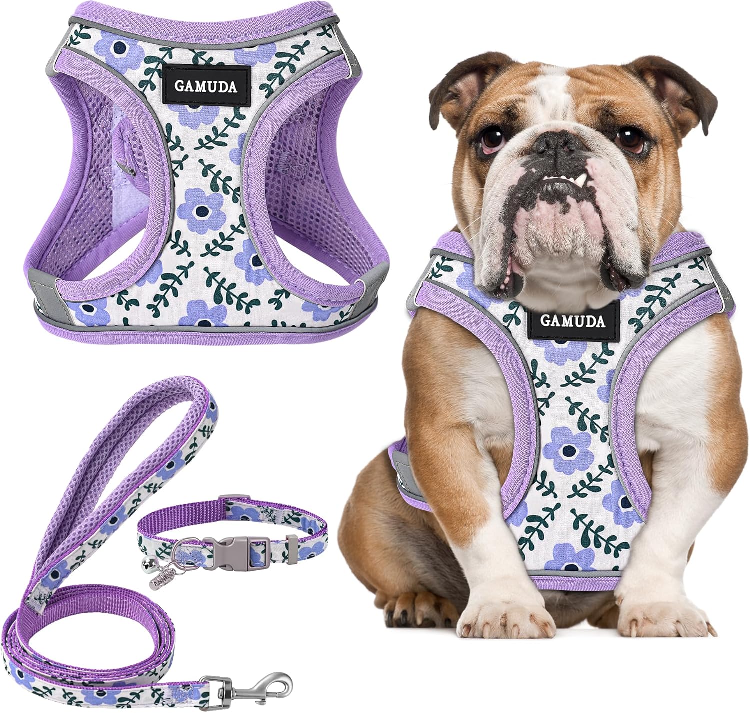 GAMUDA Small Dog Harness Collar and Leash Set, Step in No Chock No Pull Soft Mesh Adjustable Dog Vest Harnesses Plaid Reflective for Dogs Puppy Cats Kitten Rabbit (Purple Flower, XL) XL Purple Flower