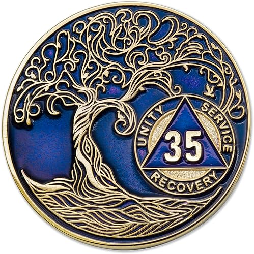 Miniatura 53 de Medallón/Ficha/Ficha de Recuperación AA Sobriety Mint de 2 Años, Árbol de la Vida Retorcido, Dorado - Negro