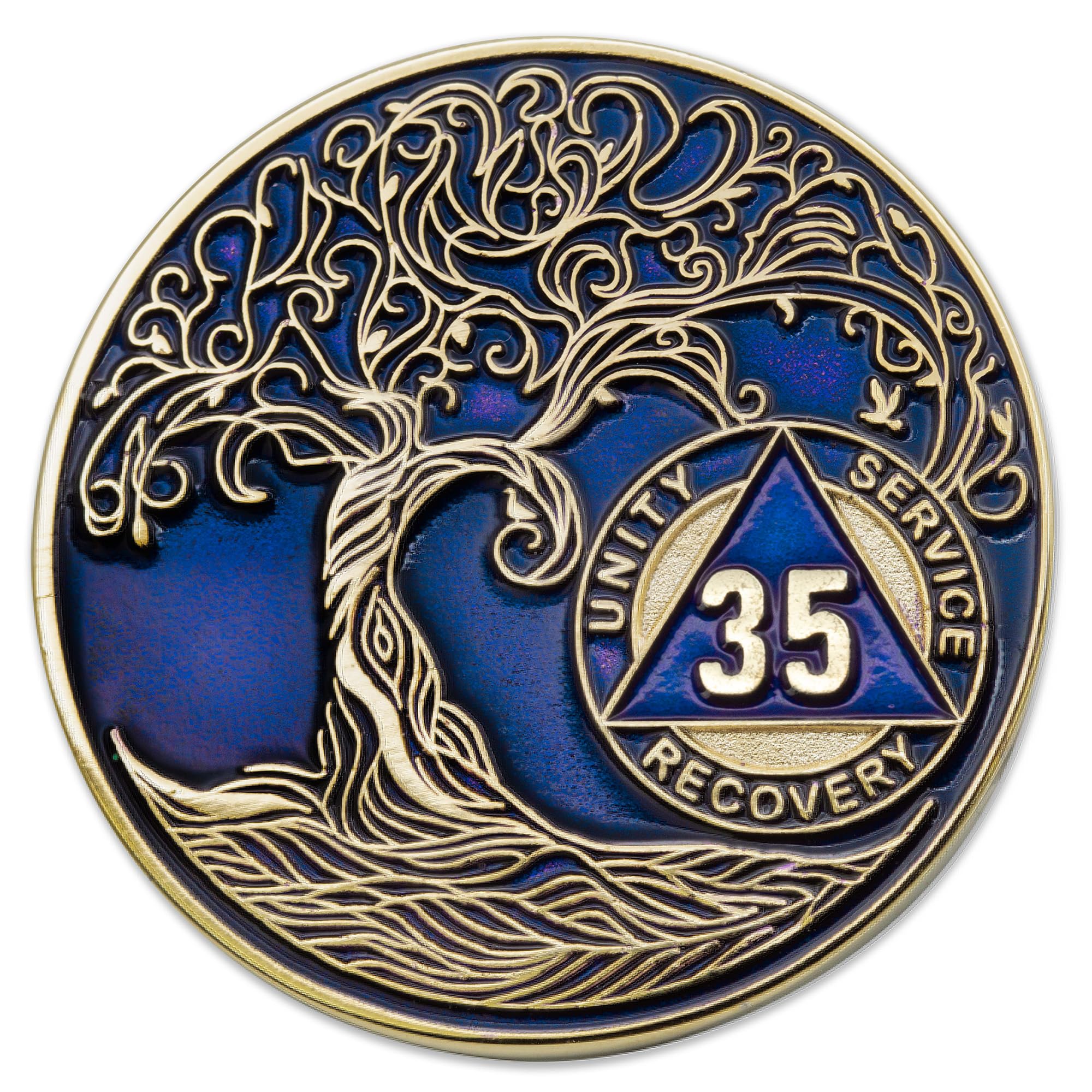 1 to 50 Year Twisted Tree of Life Sobriety Coin - Gold Plated AA Chips &amp; Medallions - 35 Year Sobriety Coin - Translucent Blue