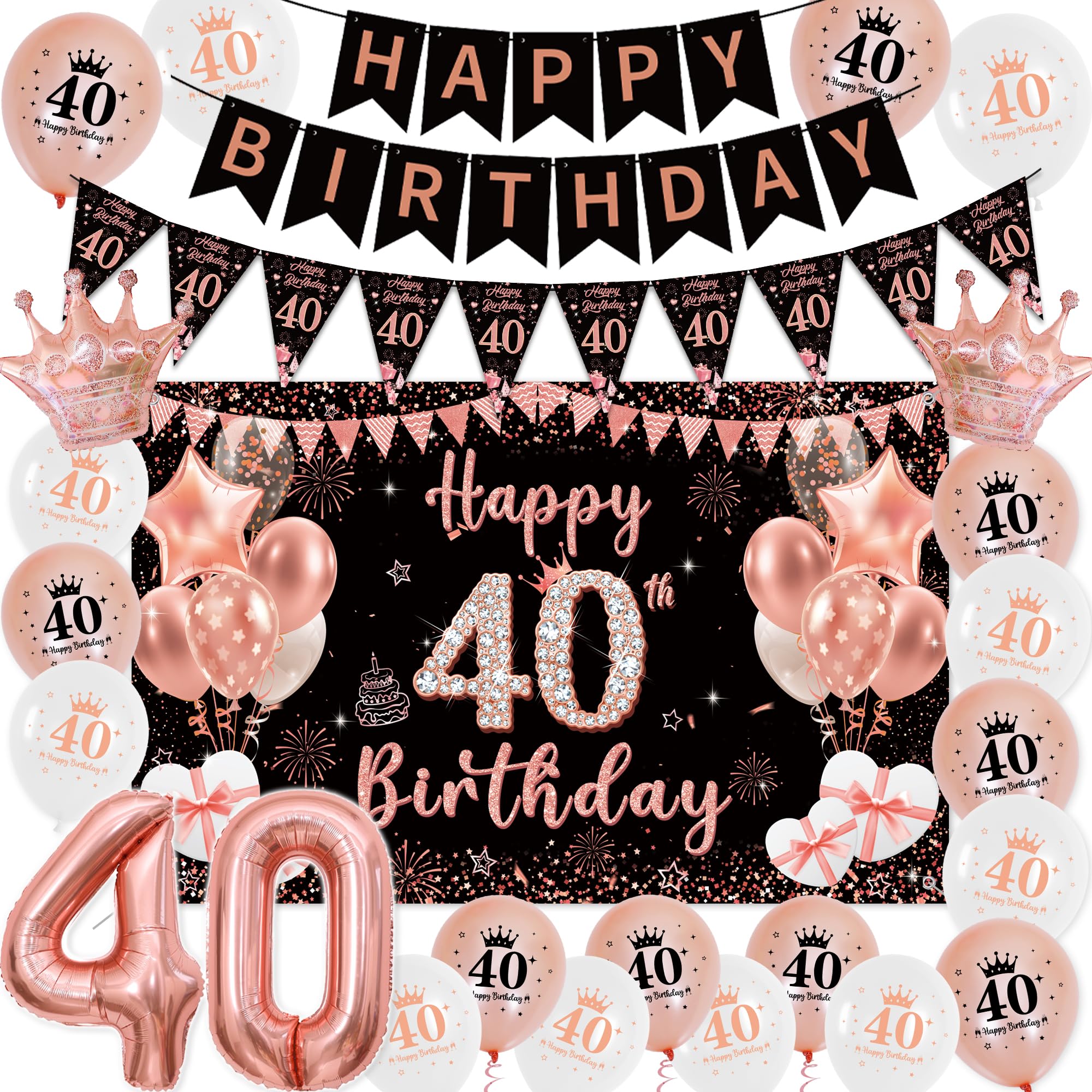 Deko 40 Geburtstag Frauen Roségold Schwarz - Happy Birthday Banners Girlande Wimpel, Große Happy 40. Birthday Banner (100 x 64cm) und XXL Zahlen Luftballon für Frau 40 Jahre Geburtstagsdeko Party