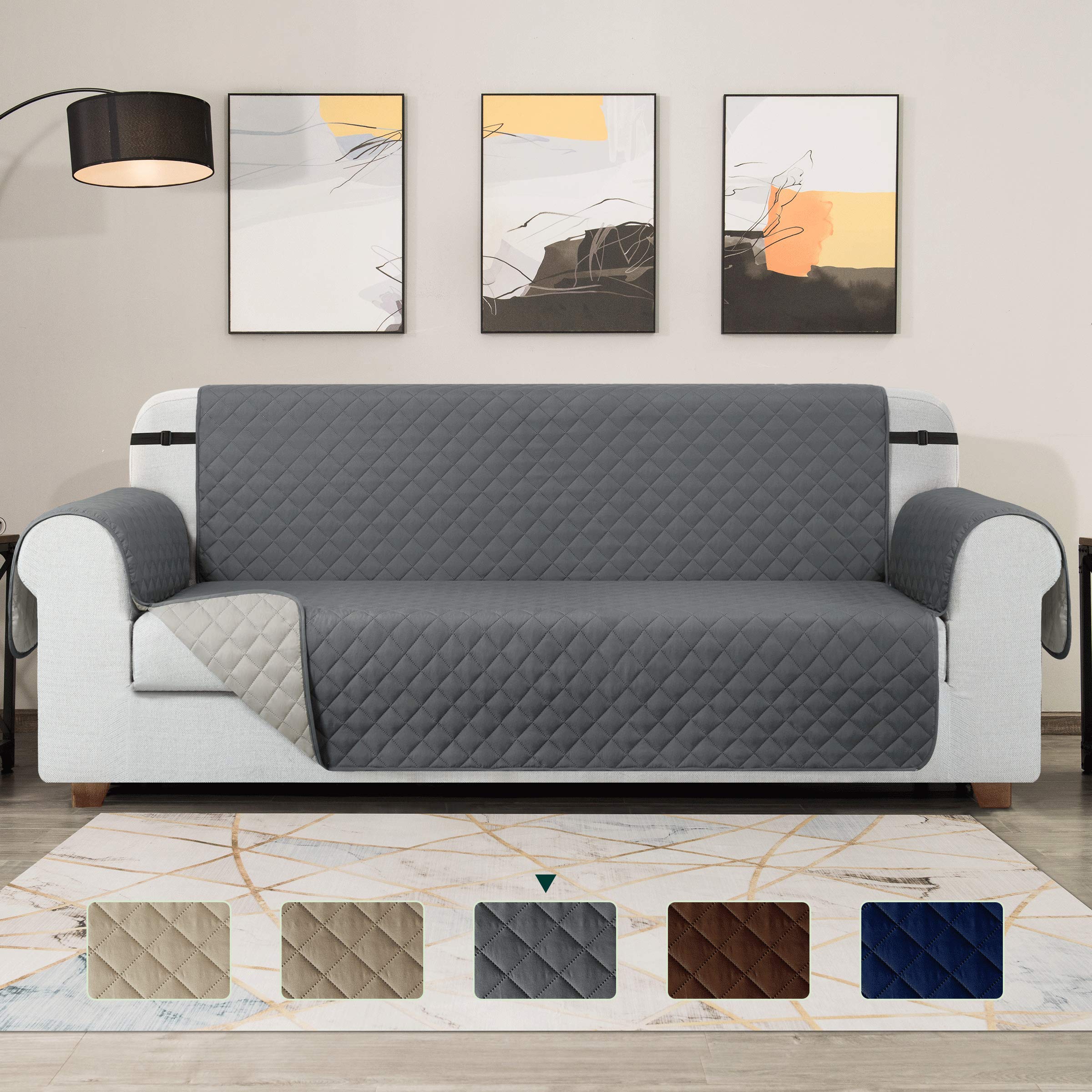 TOYABR Large Sofa Cover Reversible Couch Cover with Elastic Adjustable Strap Furniture Protector Fitted Seat Width Up to 54 Inch Sofa Slipcover Great for Home with Pets and Kids (Loveseat,Gray)