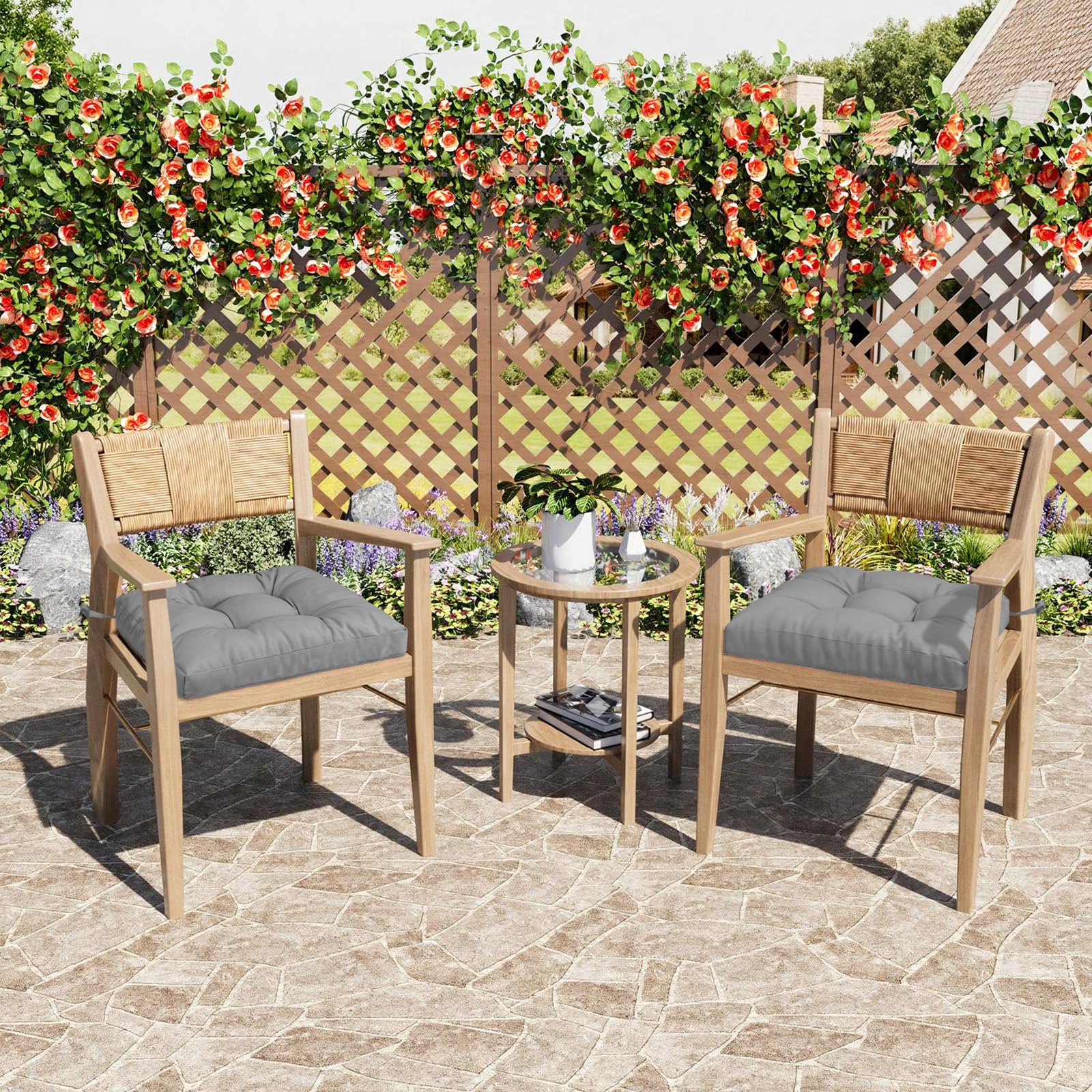 Juego de 2 cojines para sillas de jardín de 8 cm de grosor, impermeables, para muebles de exterior, con lazos, 50 x 50 cm, color gris
