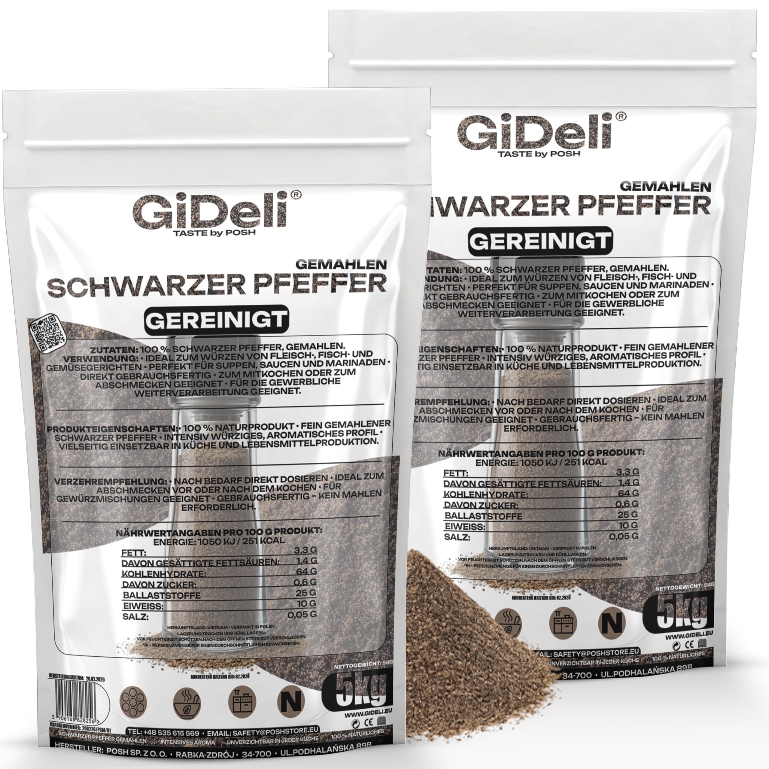 GiDeli Schwarzer Pfeffer Gemahlen 2 x 5kg - Pfefferpulver für Suppen, Saucen und Fleischgerichte - Aromatisch und Vielseitig - 100% Naturrein ohne Zusätze