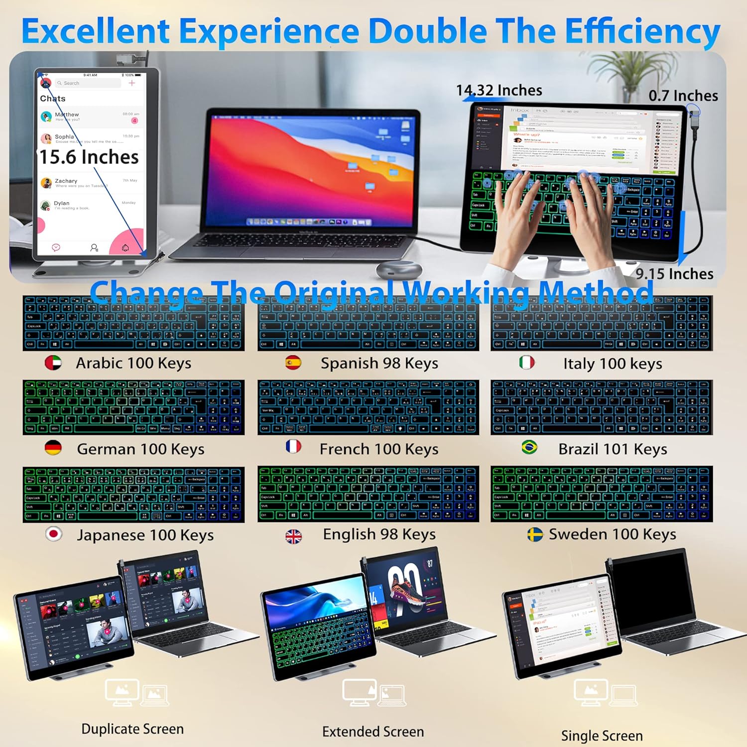 Kwumsy KX Monitor Portatile Touchscreen, 15.6 Portatile Monitor Compatible Windows/Mac/Android/Chrome, FHD 1080P Monitor Suppor Touch A 10 Punti,98 Tastiera(9 Lingue) Supporto Girevole a 360°