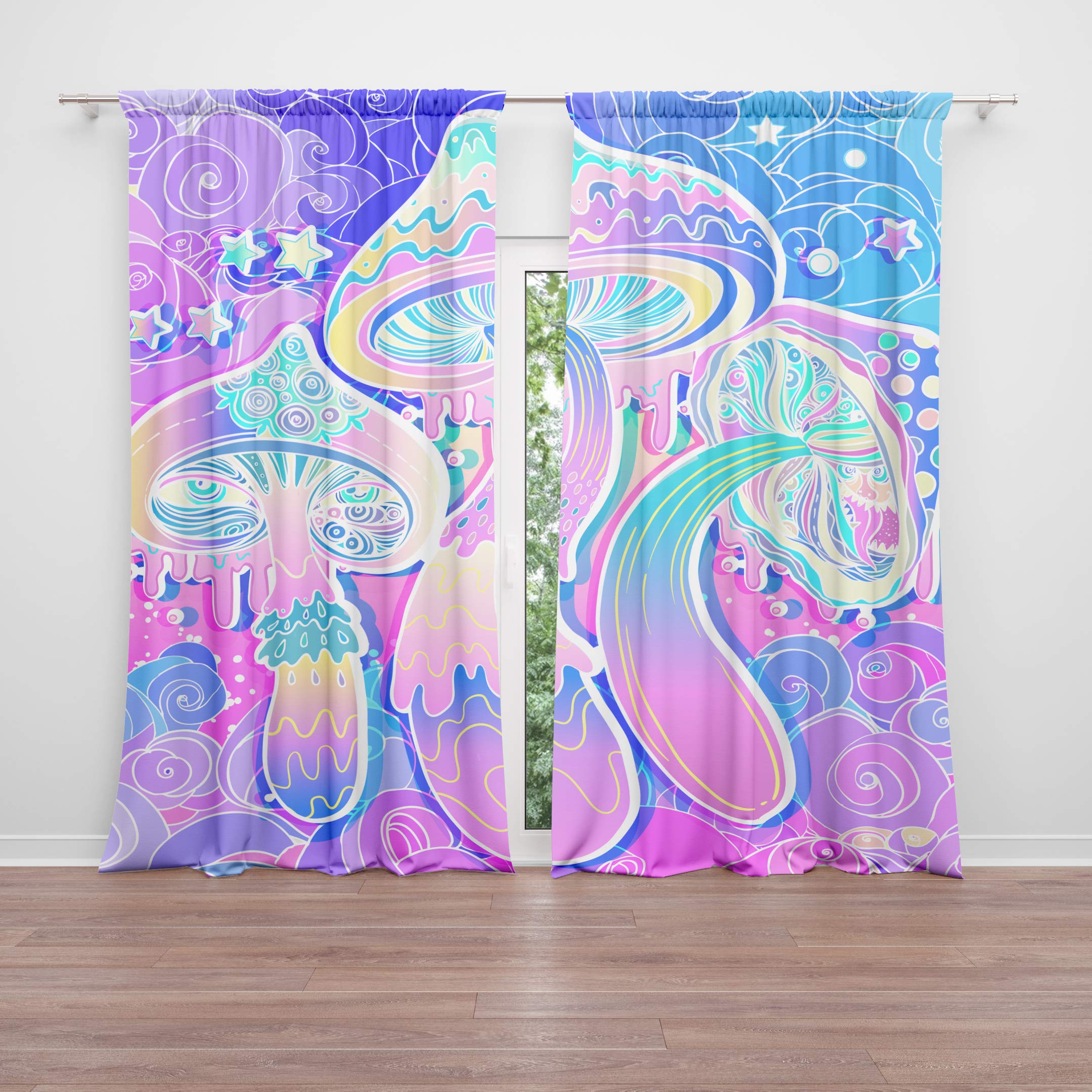 CB Smiles Magic Mushrooms Window Curtains Shrooms Drapery Curtain Panels Shroom Window Treatment Psychedelic Curtain Psychadelic Curtains (Blackout)