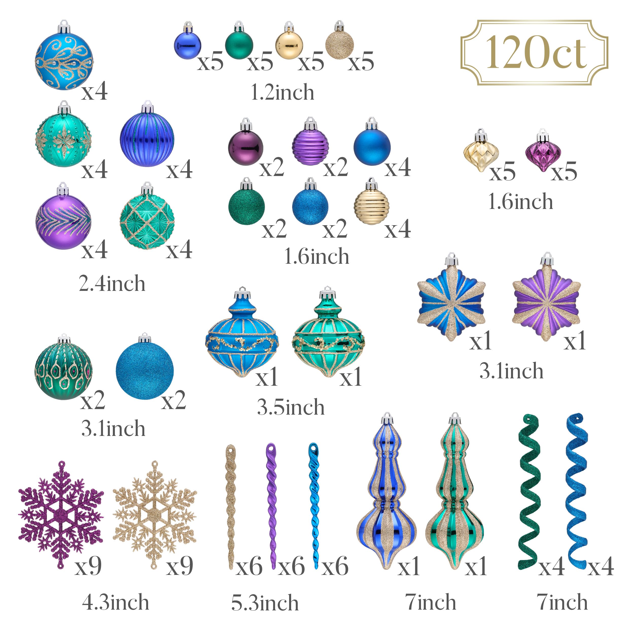 Valery Madelyn Lot de 120 Boules de Noël incassables à Suspendre pour Sapin de Noël, Bleu Paon, Violet, Vert