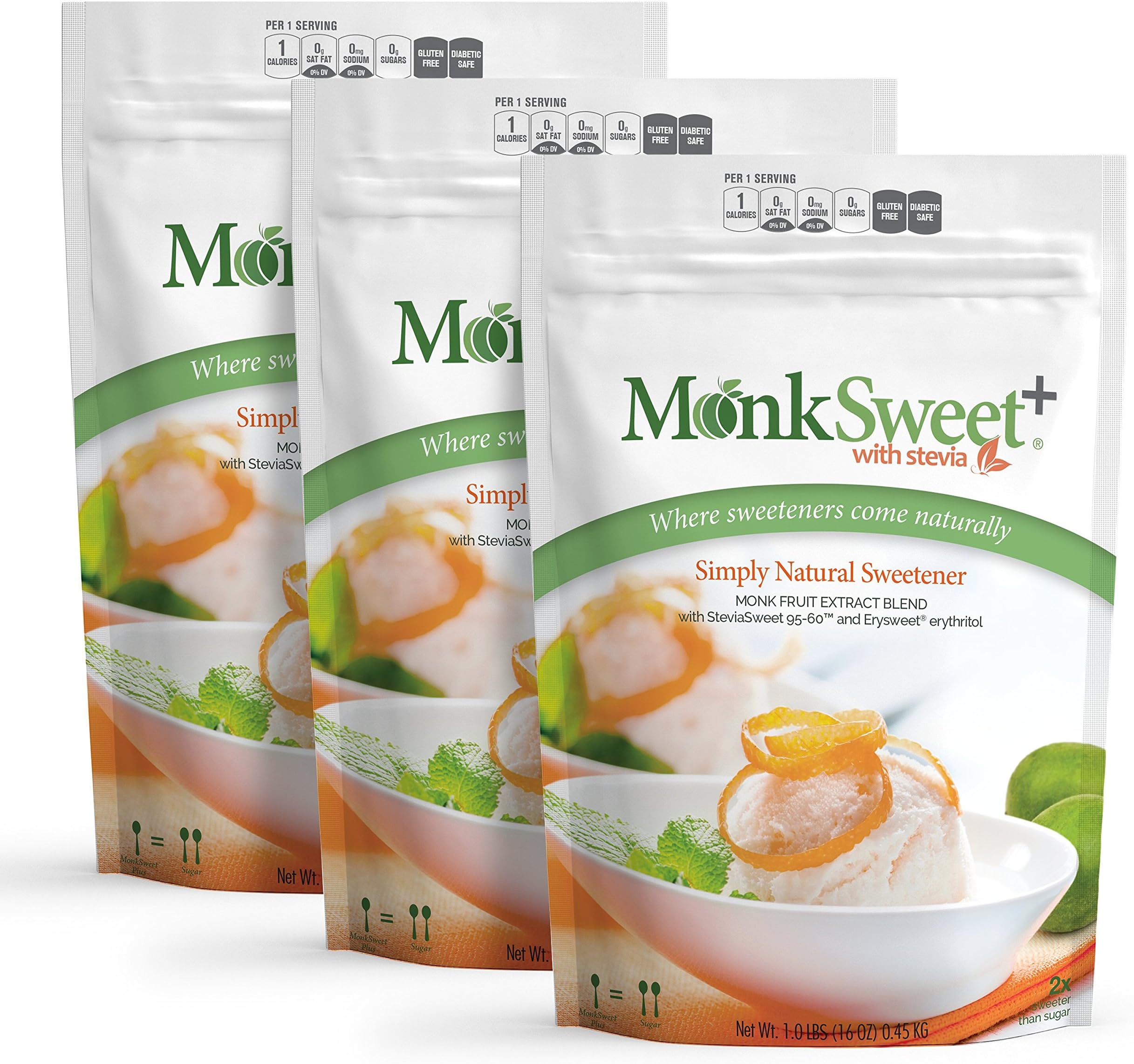 MonkSweet Plus - 1 lb bag/3 pack Monk Fruit, Stevia & Erythritol Blend NonGMO Low Carb Sweetener