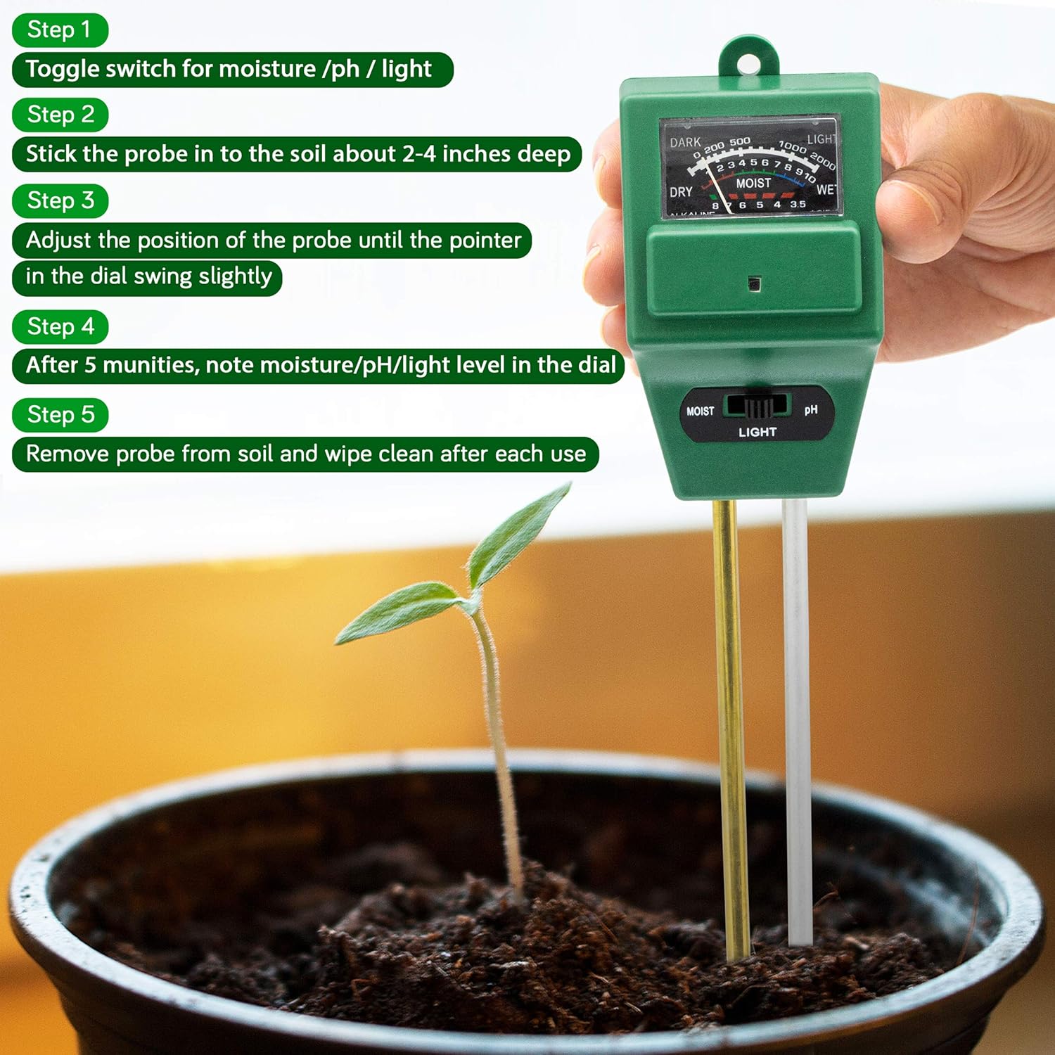 [2 Pack] Soil Testing Kit - pH Meter, Moisture and Light 3 in 1 Tester, Water Monitoring for Weed, Seed Potting, Tree Growing, Greenhouse, Farm, Home, Garden, Lawn, Indoor and Outdoor Plants Care