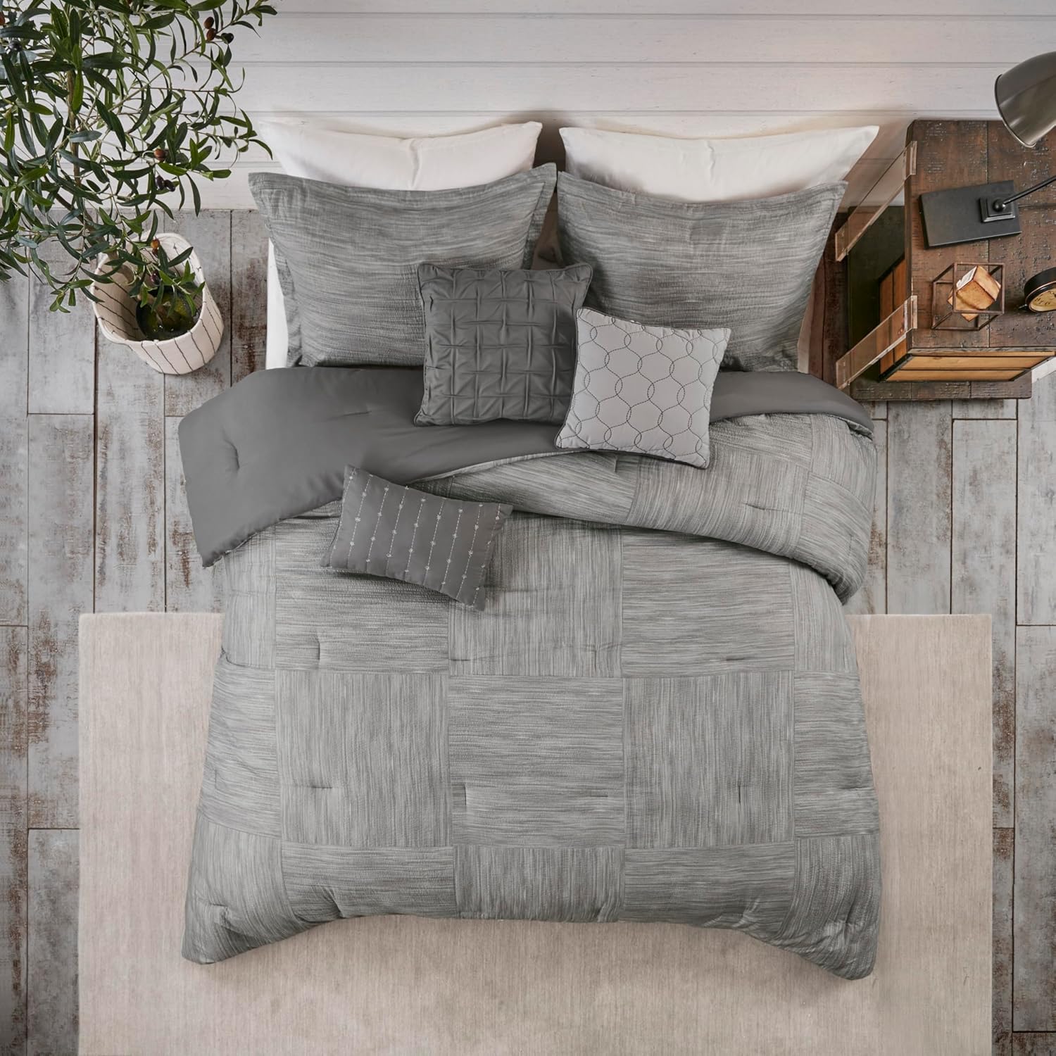 Madison Park Walter Comforter - Luxe Seersucker Print Design, All Season Down Alternative Bedding, Matching Shams, Bedskirt, Decorative Pillows, Grey Queen(90"x90") 7 Piece