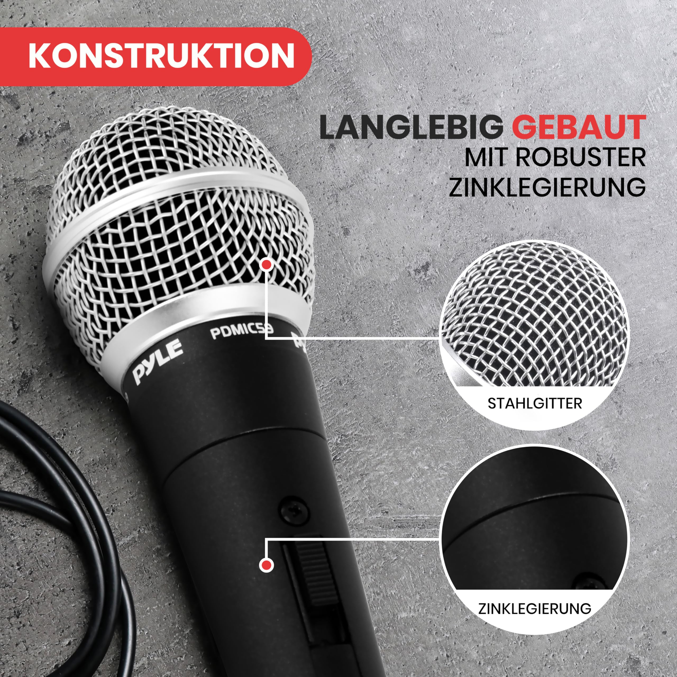 Pyle Dynamisches Mikrofon – Handmikrofon mit Kabel, Kardioid, XLR auf 6,35mm, 4,5m Länge, mit Schalter Klarer Klang und Rückkopplungsschutz - für Karaoke, Bühne und Studio - Robustes Vollmetallgehäuse