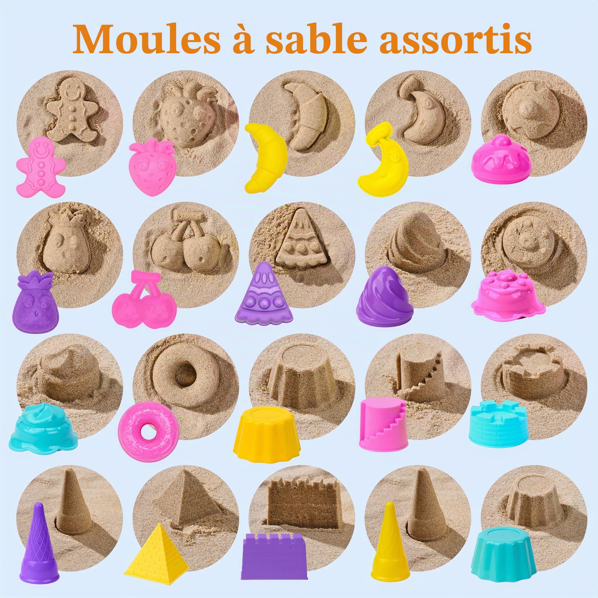 Sloosh Ensemble de jouets de sable de plage – Moules à sable de voyage avec voiture, camion, seaux pliables et pliables – Pelles à sable – Ensemble de moules à crème glacée en château avec sac en