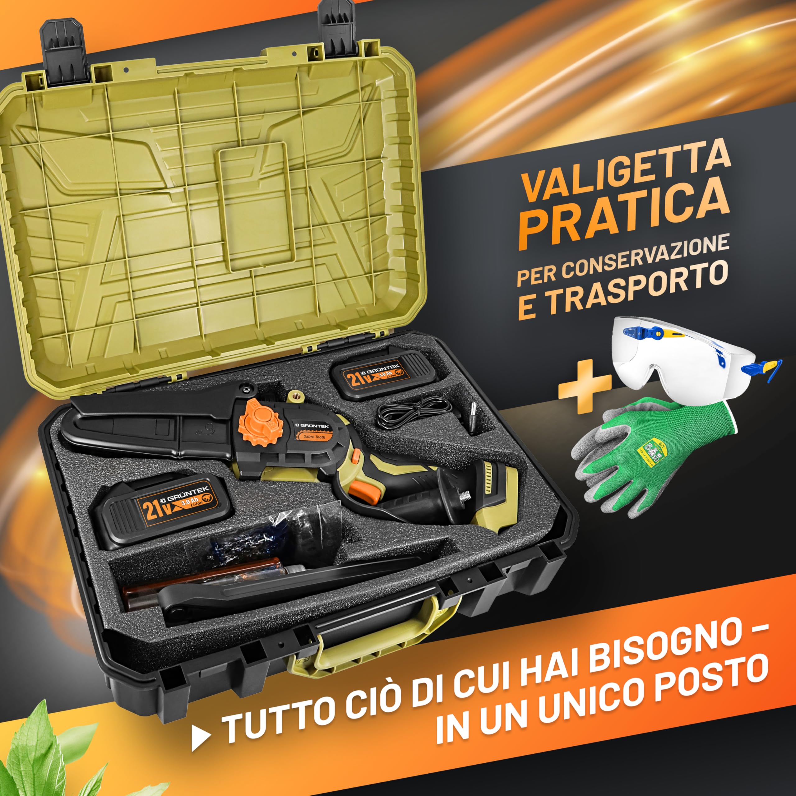 GRÜNTEK Mini Motosega a Batteria 1050W. Motosega Elettrica 6" e 8". Sega Elettrica per Potatura Brushless. Seghetto Elettrico per Legno. Lubrificazione Automatica. Potatore con 2 Batterie 21V.