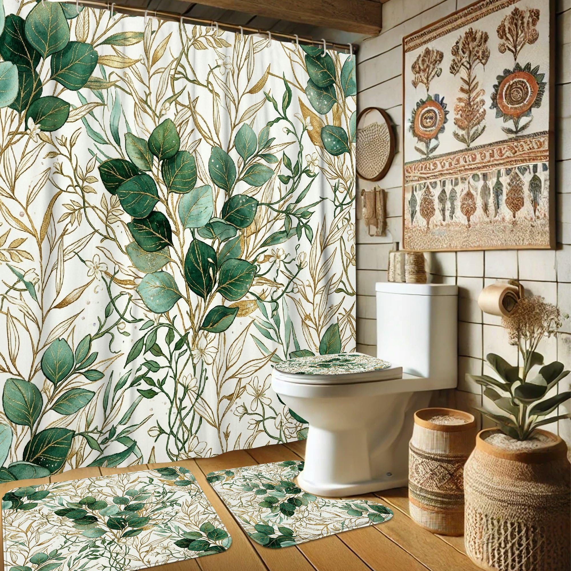 Rideau de bain floral vert pastel pour créer un spa végétal dans la chambre d'amis