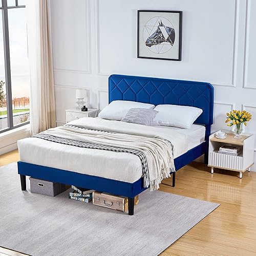 Miniatura 5 de VECELO Base de cama tamaño Queen con plataforma tapizada de alta calidad con cabecera ajustable en altura  base de colchón, soporte de listones de