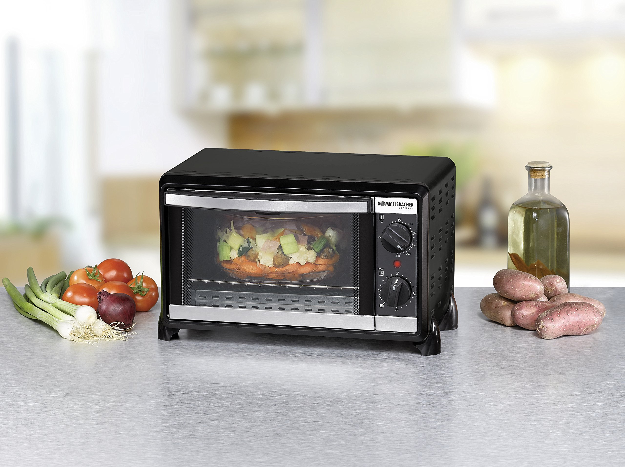 ROMMELSBACHER Horno pequeño BG 950 "Speedy" – 10 litros de espacio para hornear, 2 elementos calefactores de cuarzo, temperatura de 80 – 230 °, calor superior/inferior, temporizador, cámara