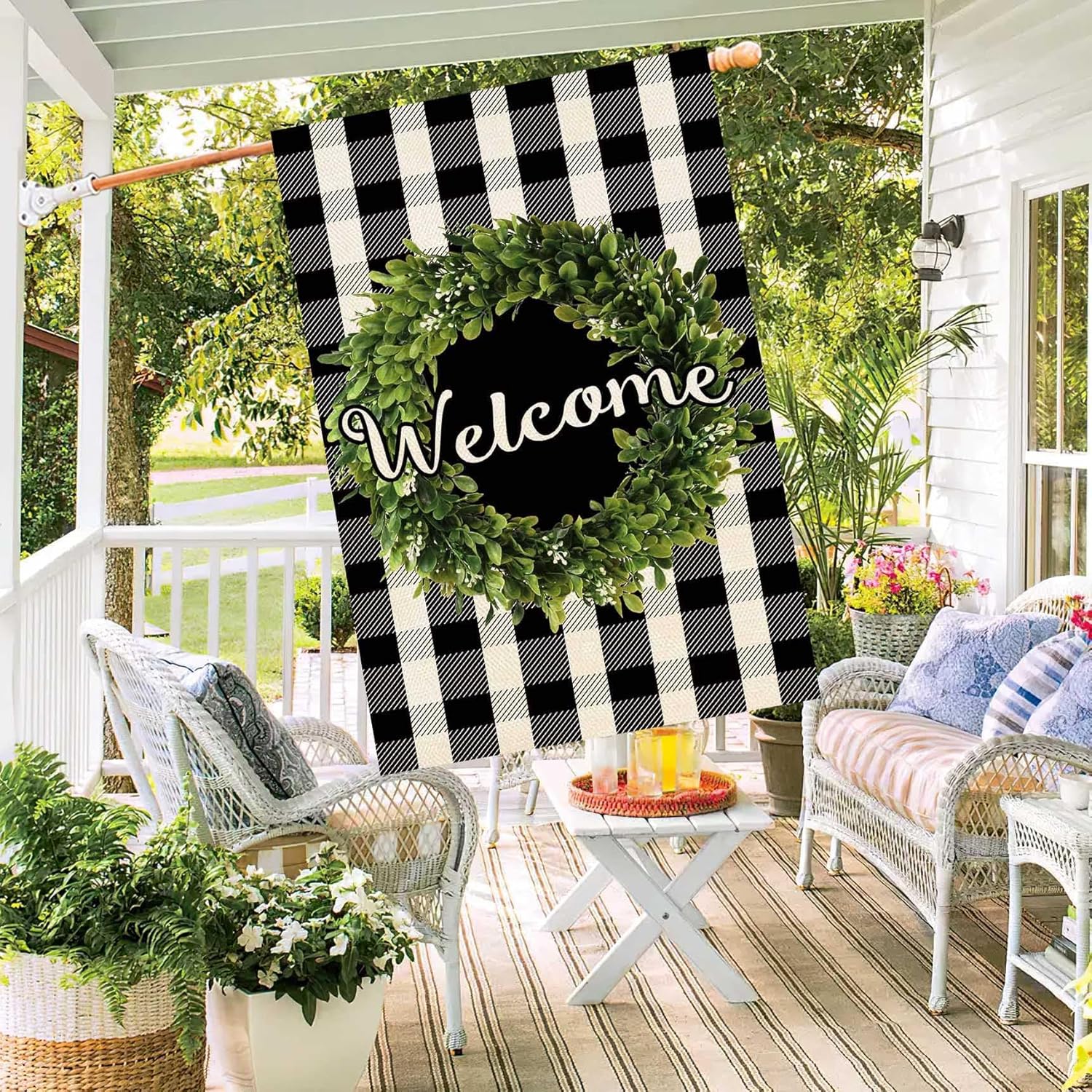 Baccessor Boxwood Wreath Welcome House Flag Vertical Double Sided, Buffalo Check Plaid Rustic Farmhouse Burlap Garden Yard House Flag Outdoor Decoration 28 x 40 Inch - Image 3