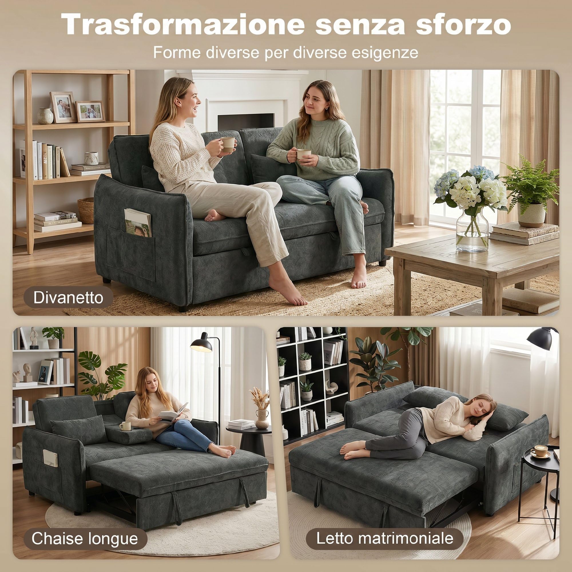 HOMCOM Divano Letto 2 Posti 3 in 1 in Ciniglia, Divano Letto Matrimoniale Clic Clac Estraibile Reclinabile 3 Livelli, Tavolino, 2 Cuscini Spessi, Tasche Laterali, Braccioli, per Soggiorno, Grigio