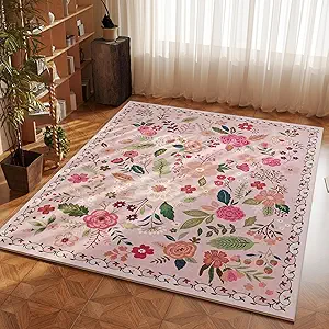Area Rug 4x6 Rug Washable Boho Rugs Non Slip Low Pile Floral Small Carpet for Bedroom, Bedside, Kids Room, Office, Dining Room(Pink)