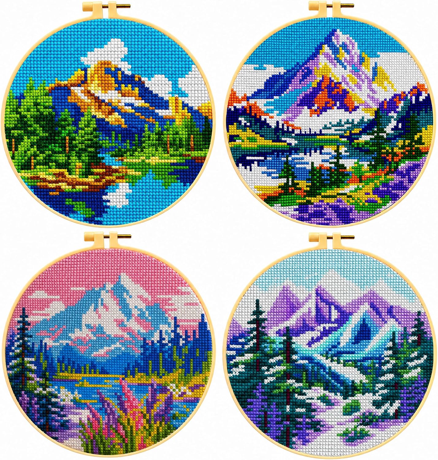 Four Seasons Landscape Cross Stitch Kit for Adults - Printed Spring Summer Fall Winter Scenery | 11CT 9.45"x9.45" DIY Embroidery with Thread & Fabric | Beginner-Friendly Home Decor Gift (68200)