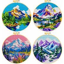 Zhenqing 4 Pack Four Seasons Landscape Stamped Cross Stitch Kit, 11CT Printed Mountain Lake Scenery Patterns with Hoop and Tools, DIY Embroidery Set for Adults and Beginners