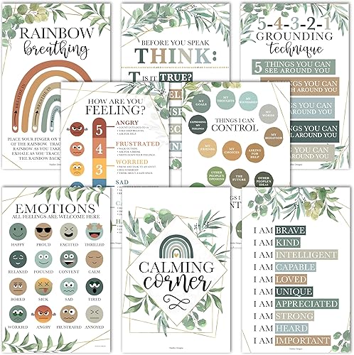 Hadley Designs 8 carteles de esquina calmantes para el aula imprescindibles para profesores, suministros de esquina de 11 x 17 pulgadas, tabla de