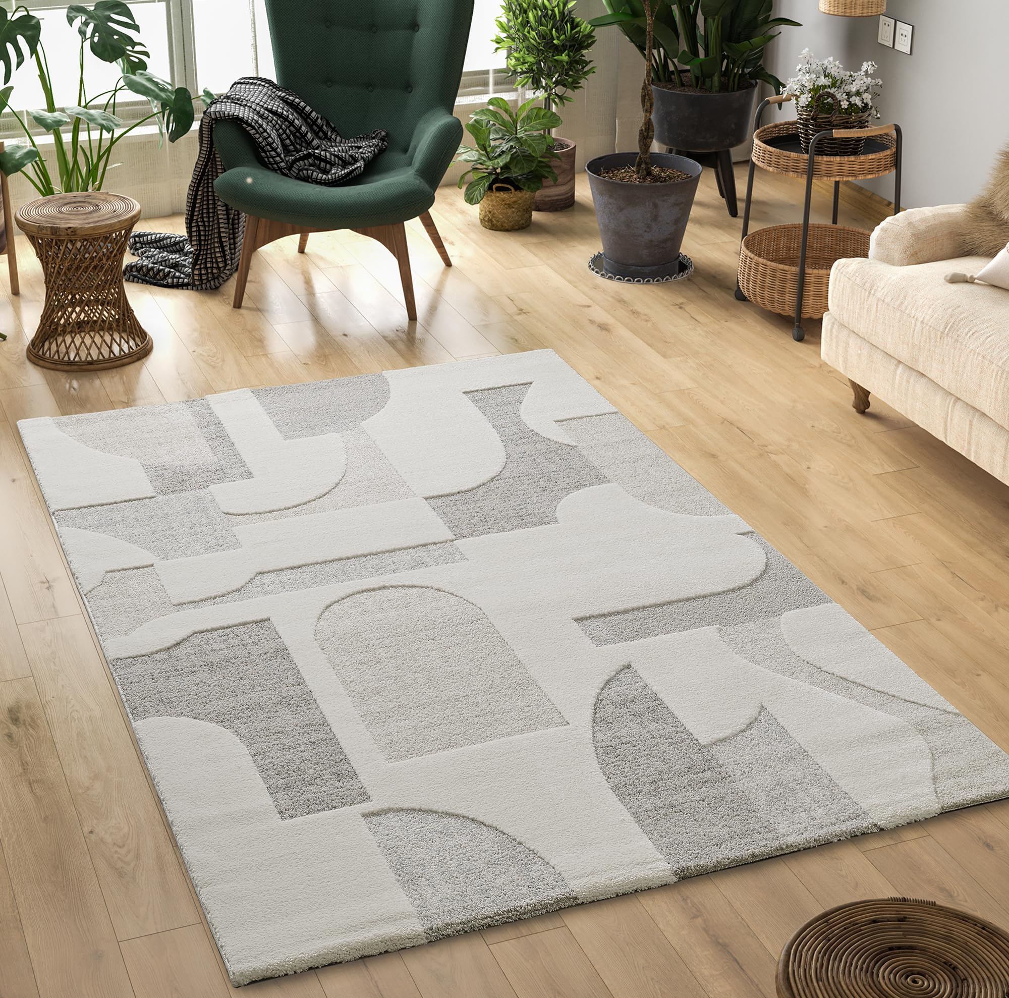 Paco Home Mia's Theo Tapijten, Modern Laagpolig Met Hoog Laag Effect 3d Hoge Pooldichtheid Zacht Abstract Design Creme 160 X 230 Cm 2131669954