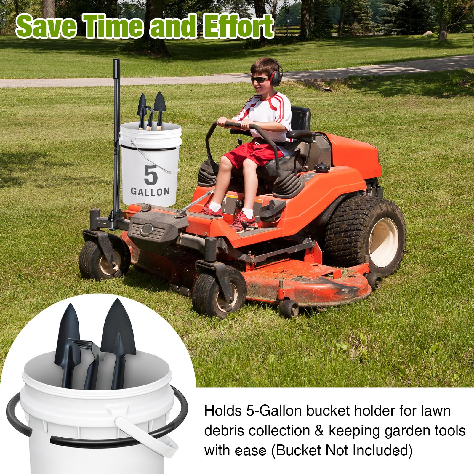 Saillong Mango para cortacésped de 5 galones, soporte de cubo de basura de acero desmontable, compatible con cortacésped de giro cero, accesorios para cortacésped para tractores de césped