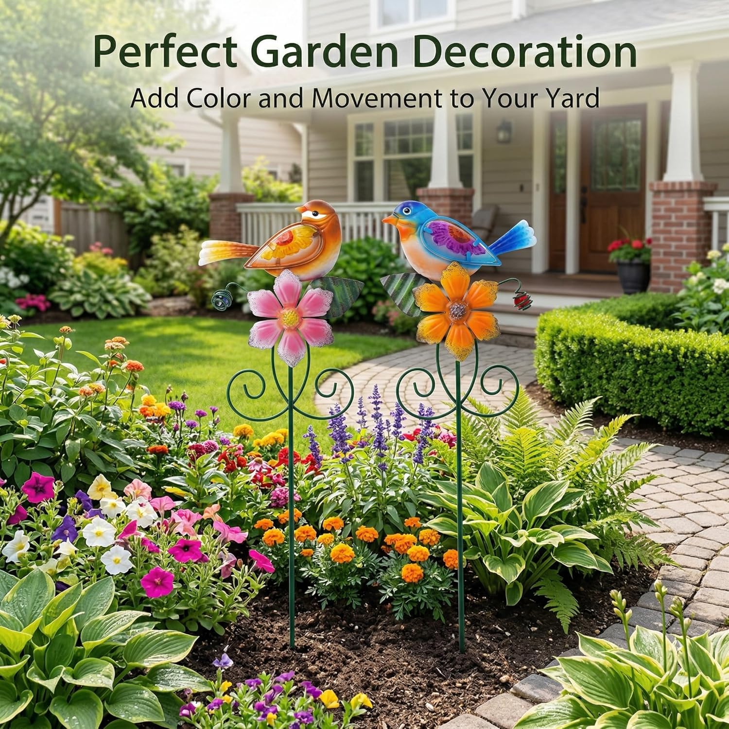 Topadorn Floral Garden Stake Outdoor Plant Pick Water Proof Metal Flower Stick for Lawn Yard Patio,Pathway Ornament,Set of 2,Flower and Bird