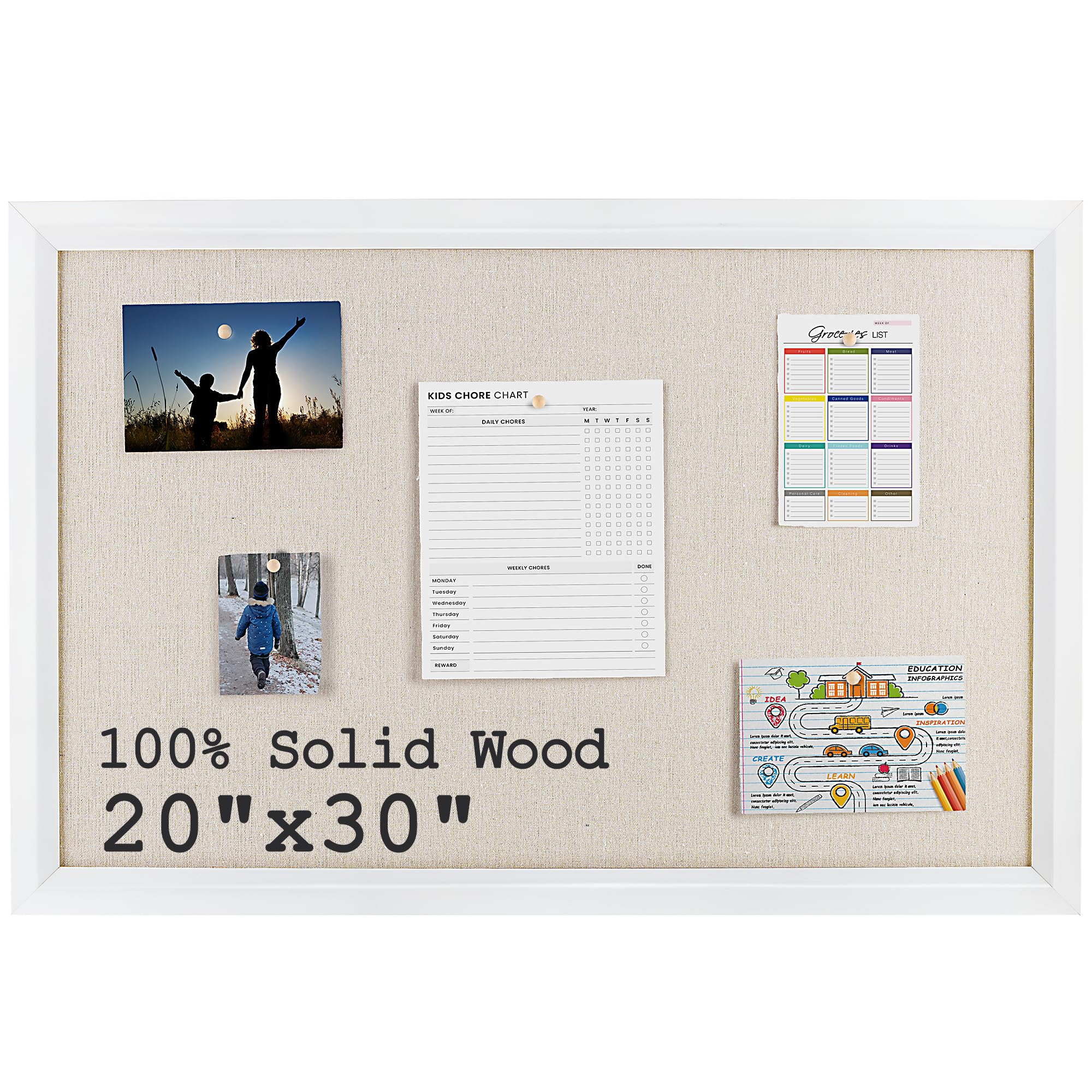 Bulletin Board Cork Board with Linen, 100% Wood Framed 30" x 20" Bulletin Board Decorations, Pin Boards for Walls, Wall Mounted Fabric Picture Board