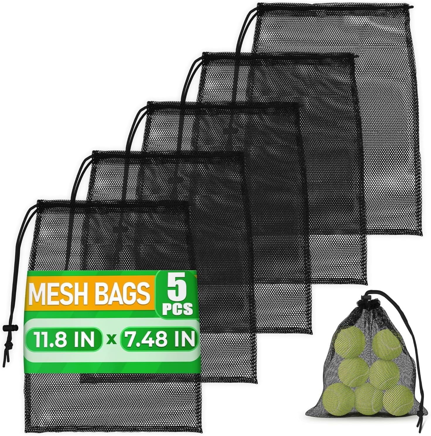 Small Mesh Bags Drawstring Black 5Pcs 11,8x7,48'' – Strong, Lightweight, Breathable Mesh Bag with Lock, Quick-Dry and Tear-Resistant – Easy to Tighten and Adjust for Travel, Swimming & Ball Storage