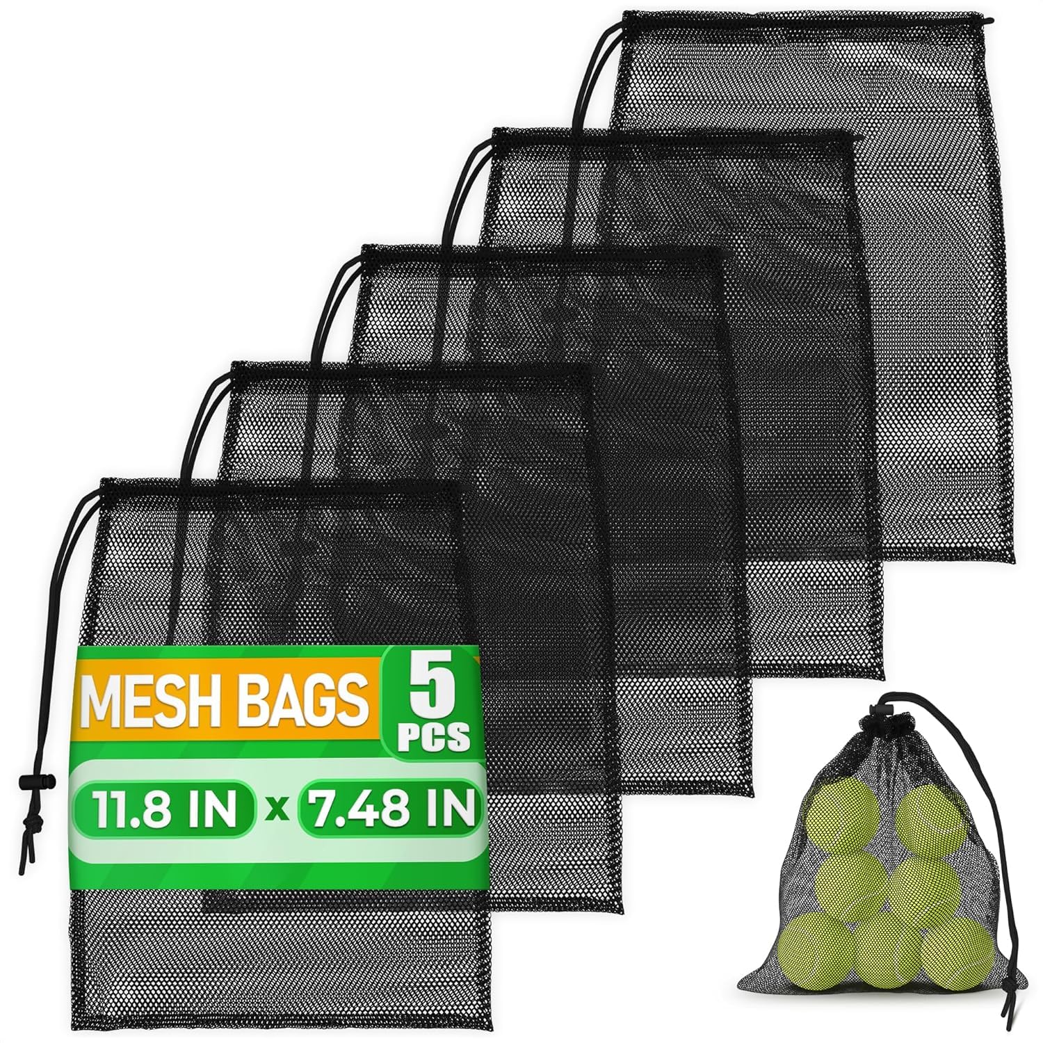 Mesh Backpack Drawstring Black 5Pcs 11,8x7,48'' – Strong, Lightweight, Breathable Mesh Bag with Lock, Quick-Dry and Tear-Resistant – Easy to Tighten and Adjust for Travel, Swimming & Ball Storage