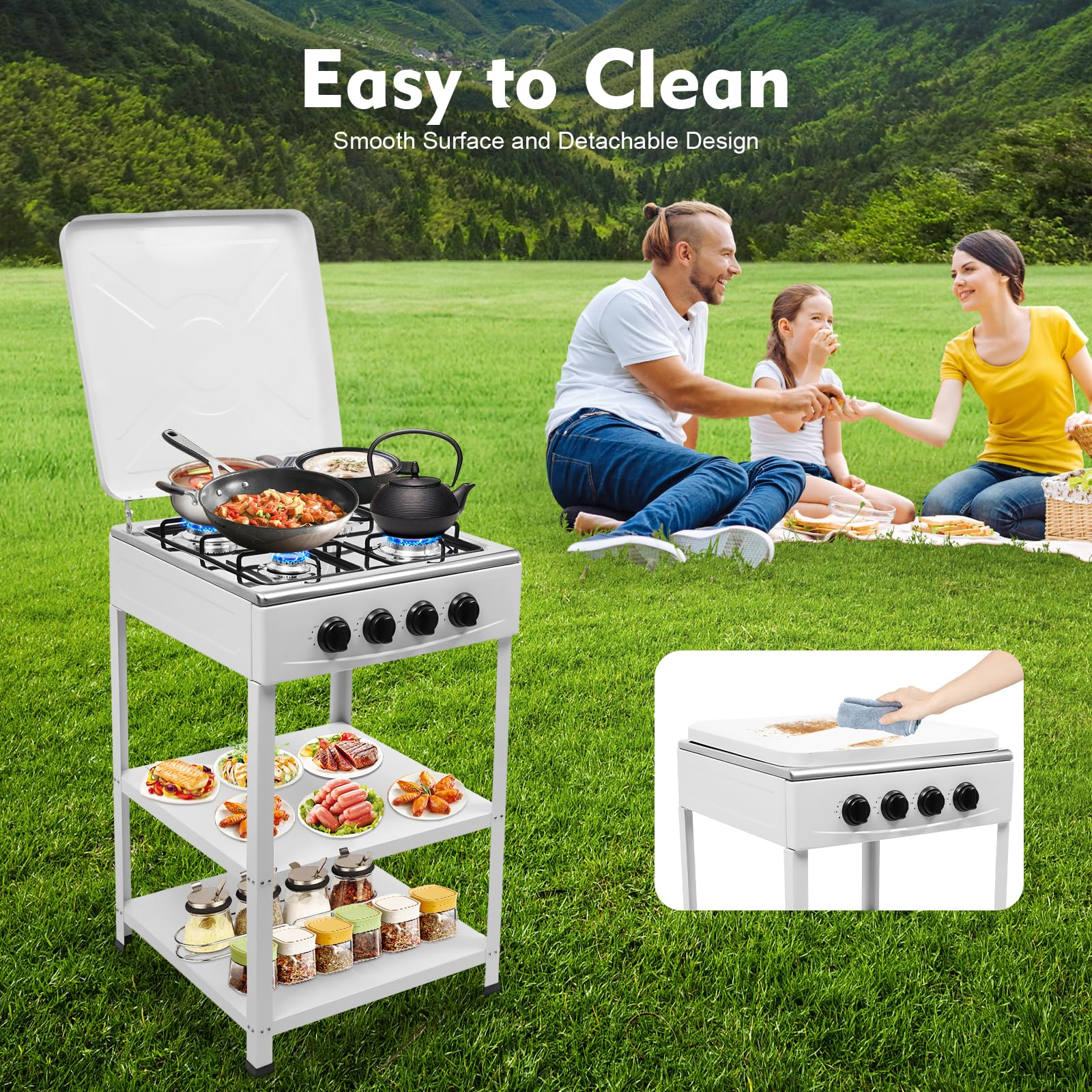 Fornello a gas autoportante, 49 x 49 x 79 cm, 4 fuochi, piano cottura a gas, fornello da campeggio con 4 fuochi, ripiani per campeggio, outdoor, camper, bianco