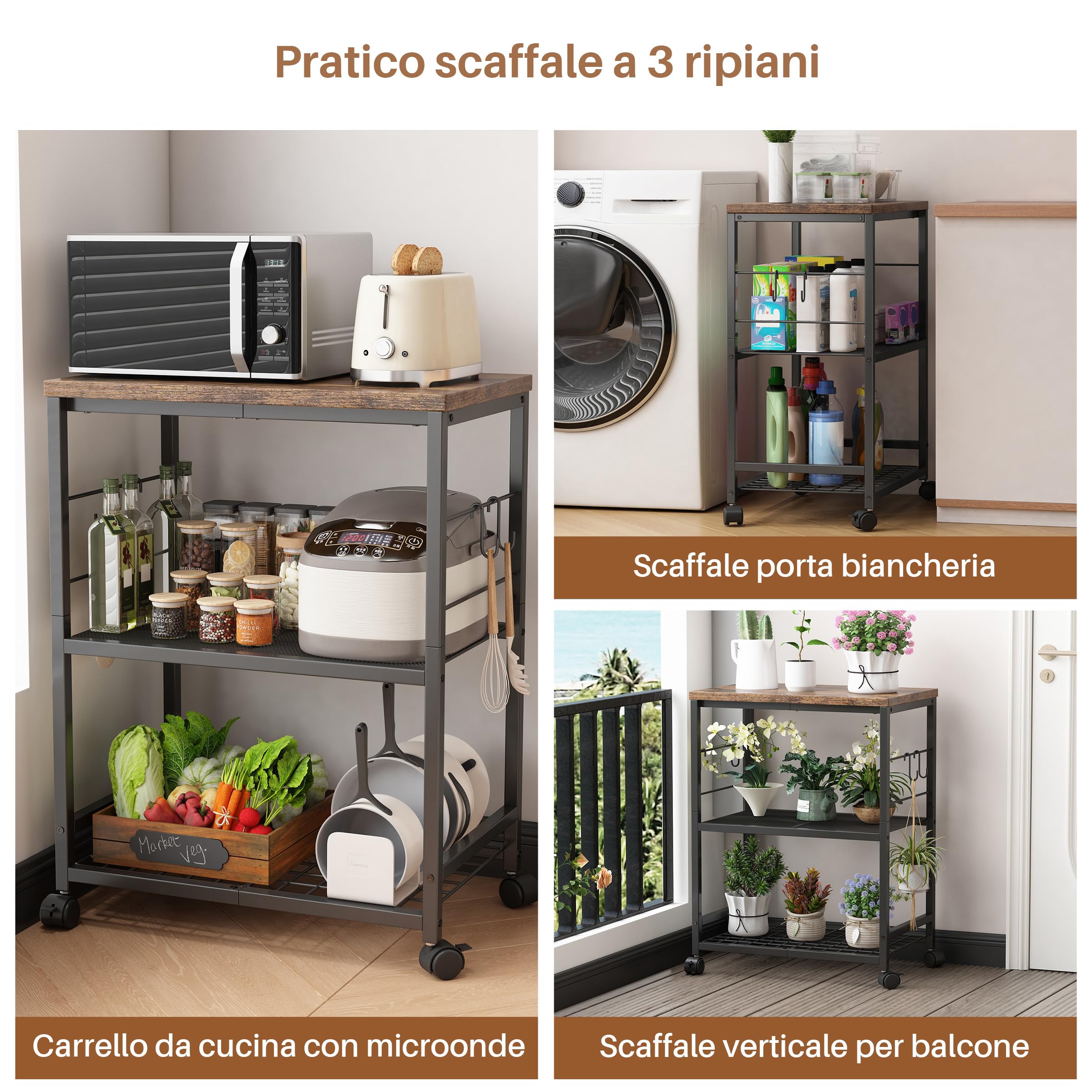 Carrello da Cucina con Microonde su Ruote,Tavolo per Microonde a 3 Ripiani con Spazio di Archiviazione,Piccolo Scaffale per Carrello da caffè per Organizzare Il Soggiorno O L'Ufficio.