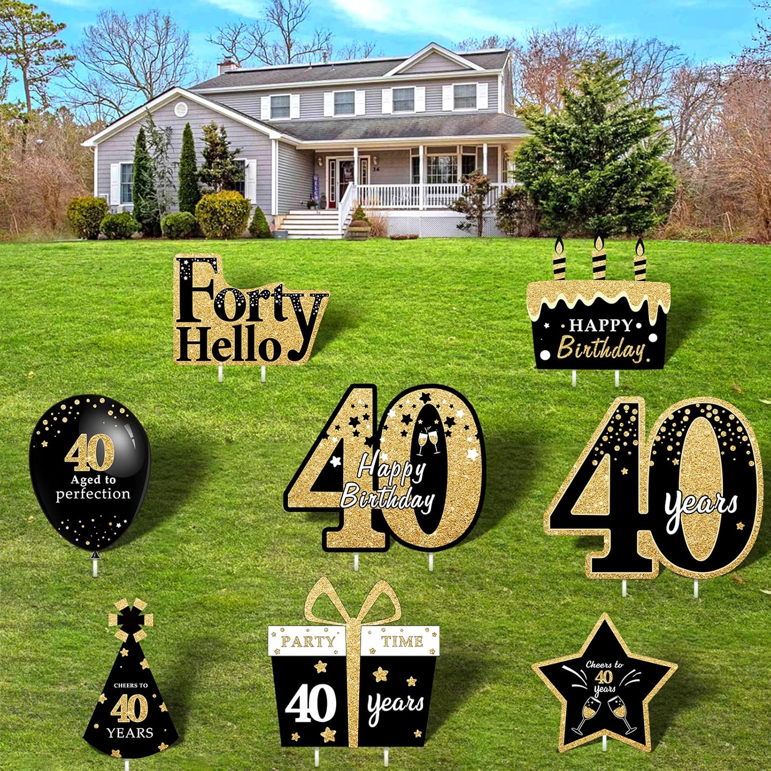 40th Birthday Yard Sign Set of 8 Black Gold Happy 40th