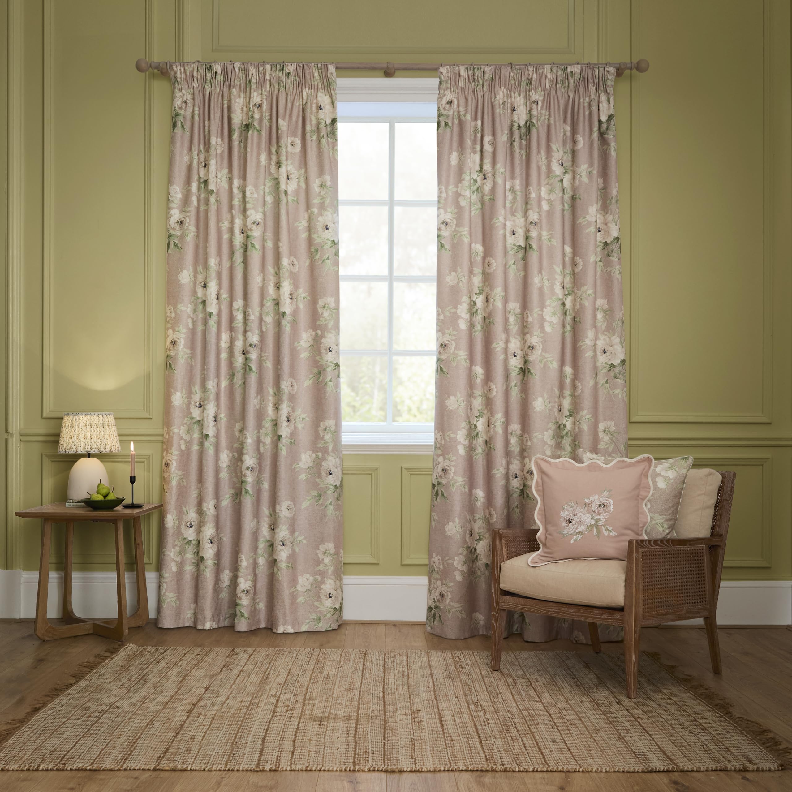 Sanderson Adele Room Darkening Pencil Pleat Curtain Pair - Botanical Floral Peony Lined Chenille Drapes (Rose - 117x137cm)