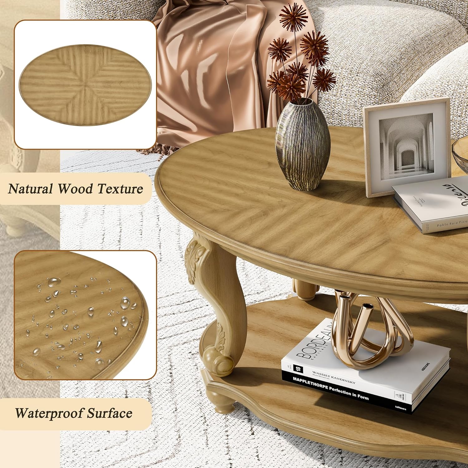 Living Room Coffee Table Set of 3, Mid Century Modern Oval Coffee Table with Open Storage Shelf and 2 Round Side Tables, Antique Natural