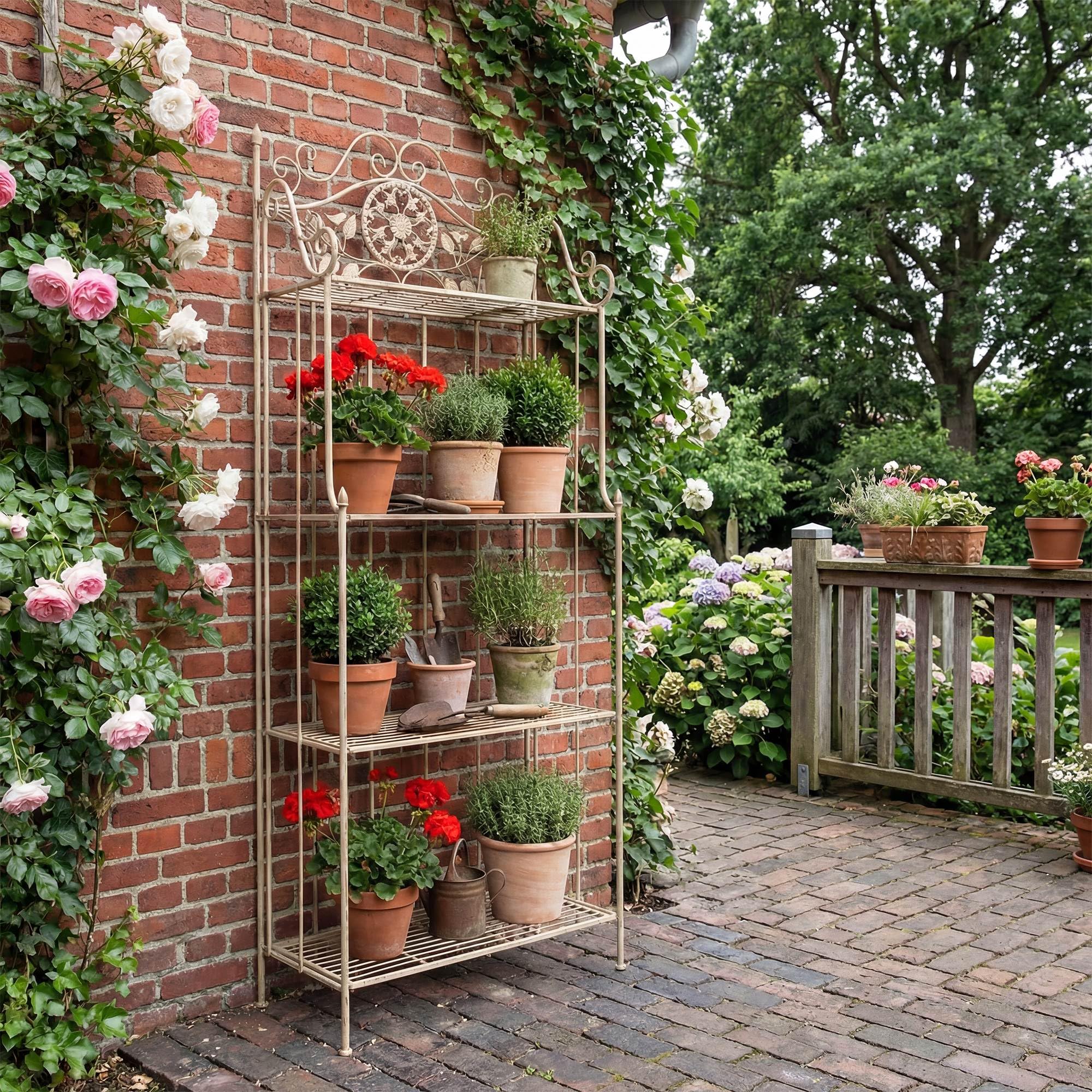 CLP Pflanzenregal Metall klappbar Flora, Blumenregal 4 Ebenen, Standregal im Landhausstil, für Garten, Balkon, Terrasse, Indoor & Outdoor, Farbe:antik-Creme