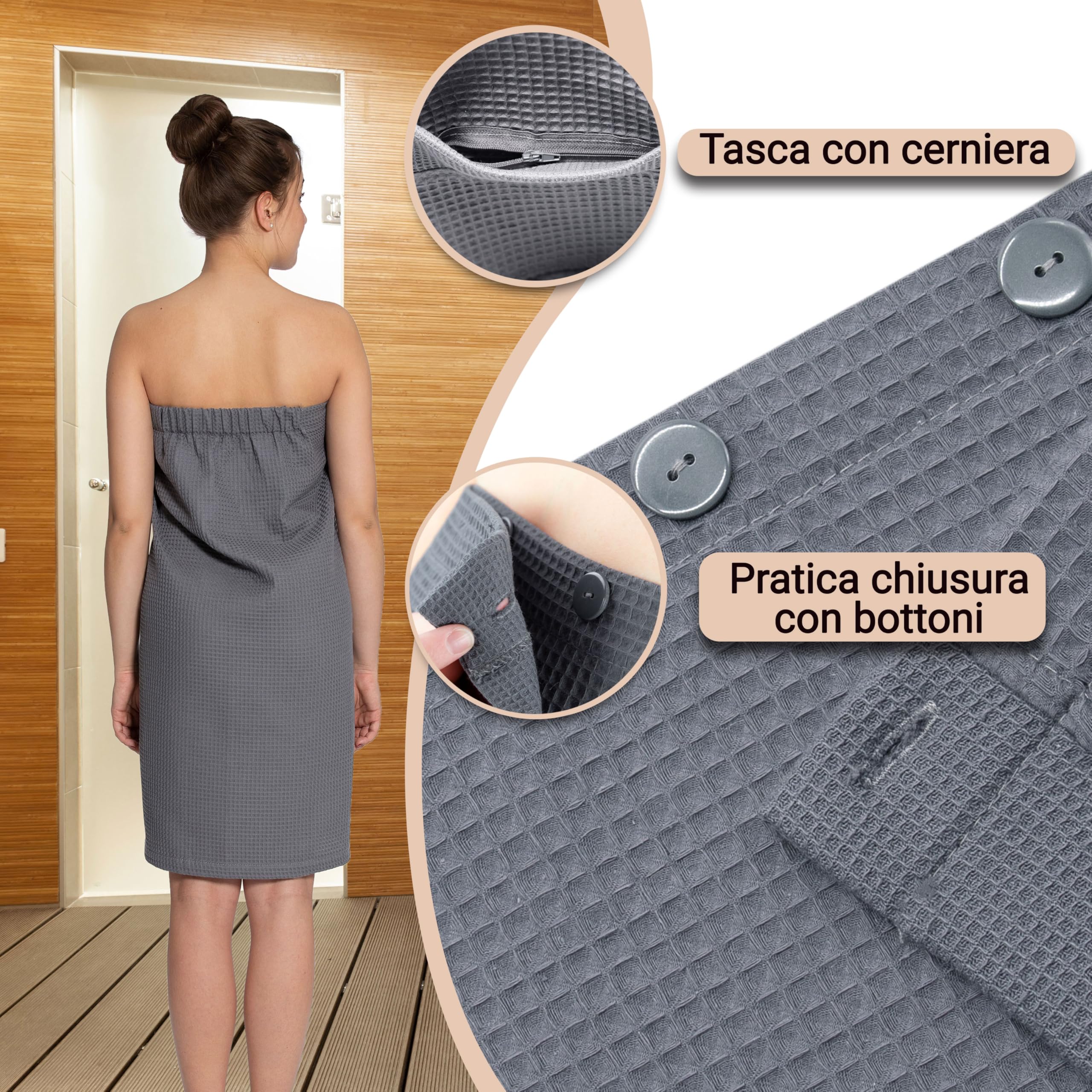 ZOLLNER Kilt da sauna per donna in ottica Piquè - Cotone - Con elastico e chiusura a bottoni - pratiche tasche con cerniera - lavabile a 60°C - OEKO-TEX (R), grigio