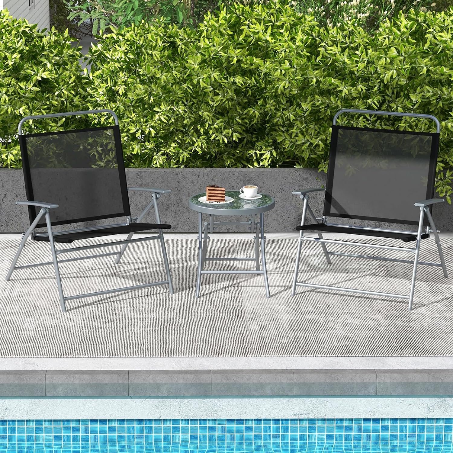 Tangkula 3 Piece Patio Folding Chair Set, Outdoor Metal Conversation Set w/Coffee Table, Extra-Large Seat, Stable Metal Frame, Portable Folding Chair & Table Set for Front Porch, Backyard