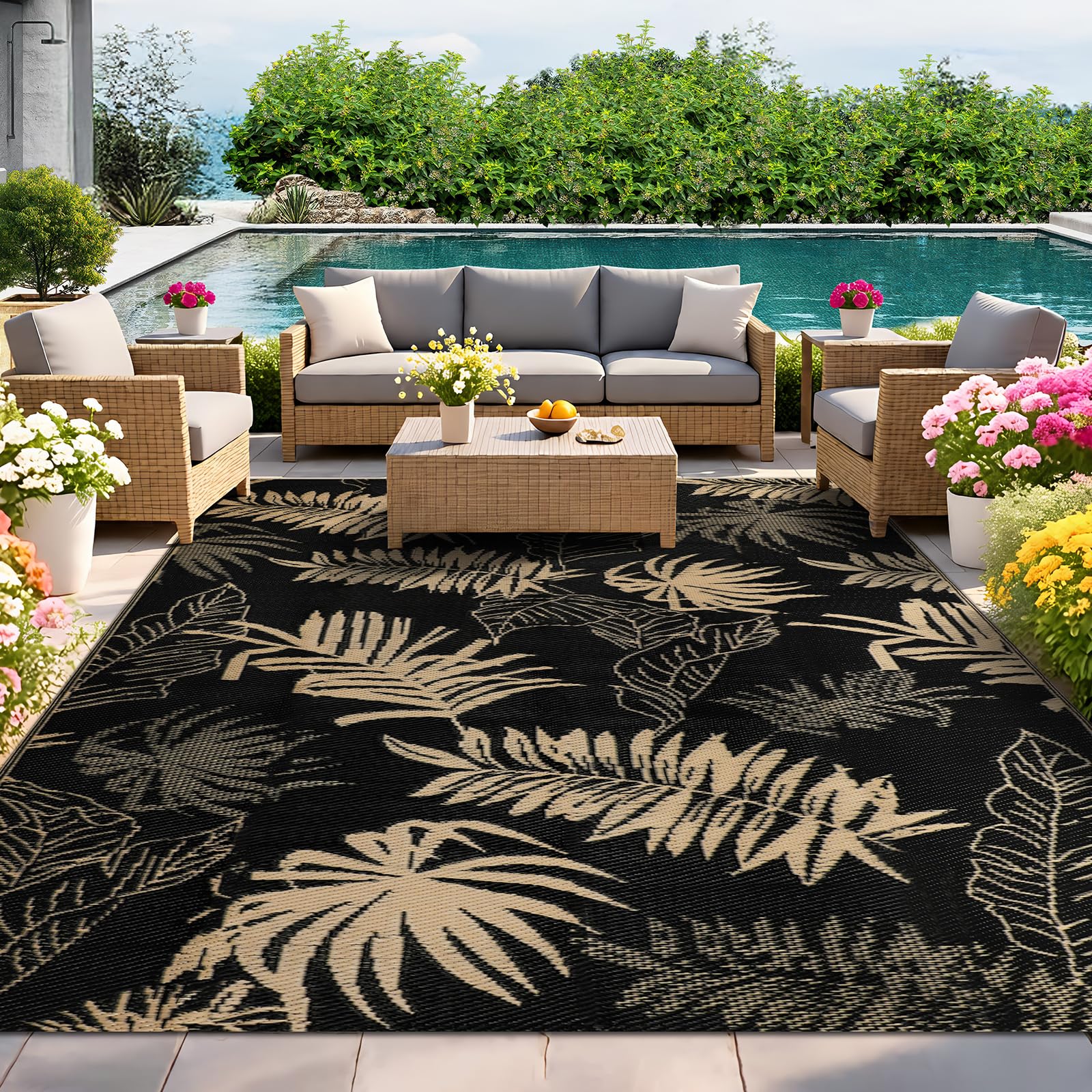 IMIYOKU Outdoor Rug 245x305cm Reversible Large Outdoor Rugs for Patio Waterproof, Portable Plastic Straw Garden Rug for Backyard RV Balcony Deck Picnic Camping Beach