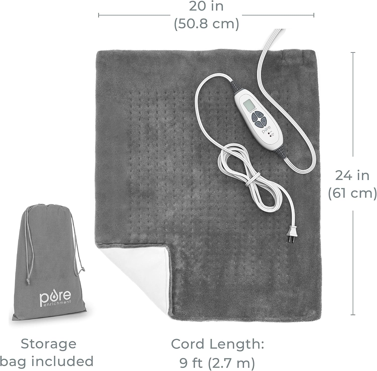 Pure Enrichment PureRelief Ultra-Wide Microplush Heating Pad - 20” x 24” XXL Size & 6 Heat Settings for Temporary Neck, Shoulder & Back Pain Relief - Moist Heat Option & Machine Washable (Gray) - Image 7