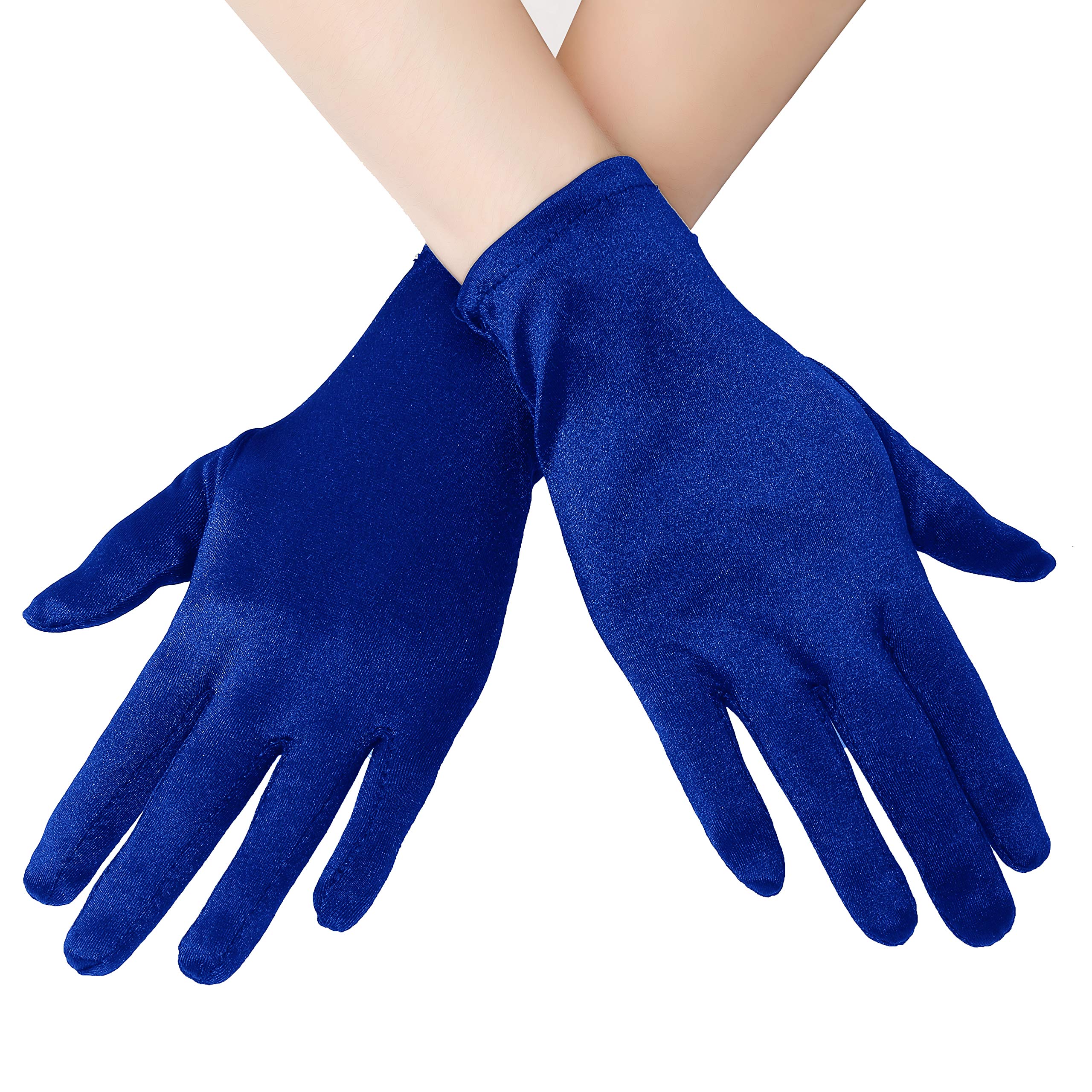 EORUBE Short Opera Satin Gloves for Women - Wrist Length Banquet Tea Party Halloween Costume Gloves (Smooth 8.6" - Blue)