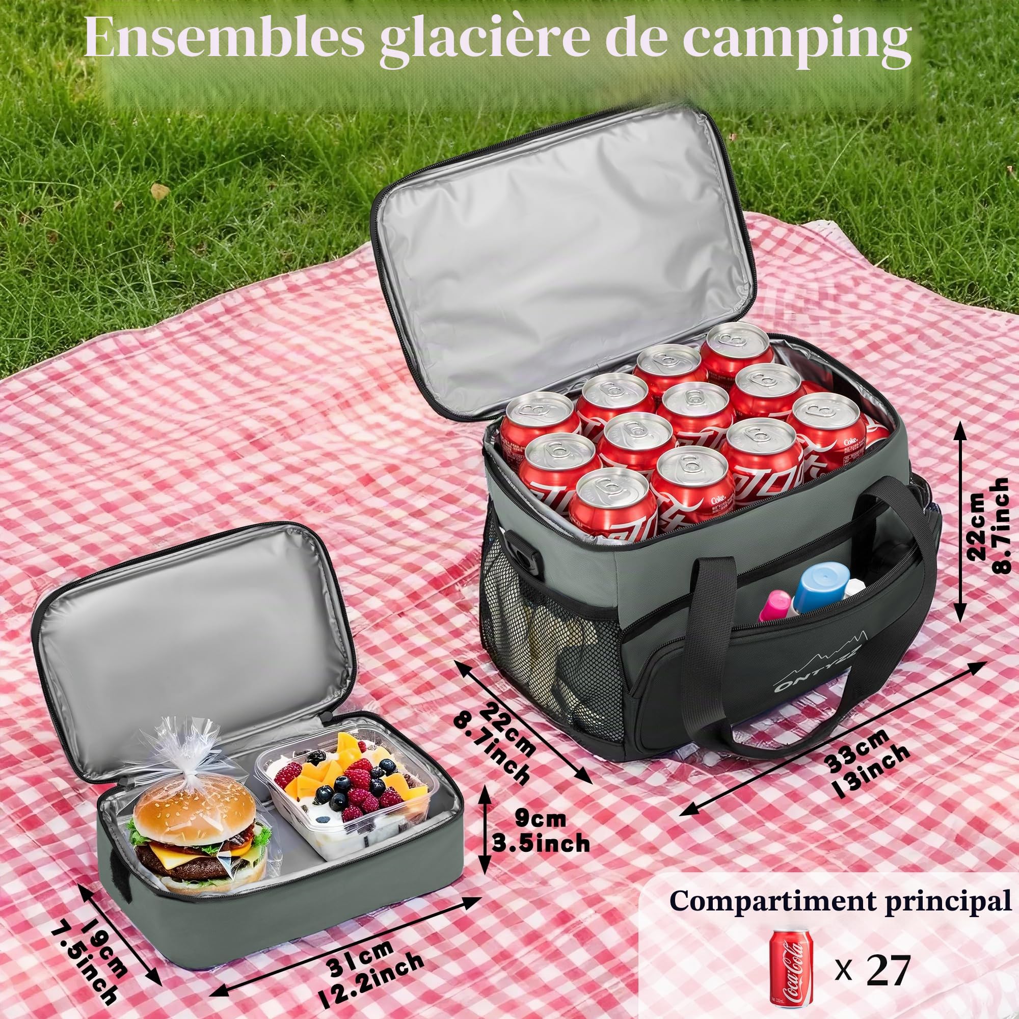 Sac Isotherme Repas 16L+5L Sacs Isothermes Ensemble Etanche Glaciere Souple avec Fermeture Eclair Etanche pour Pique-nique Camping Plage Voyage