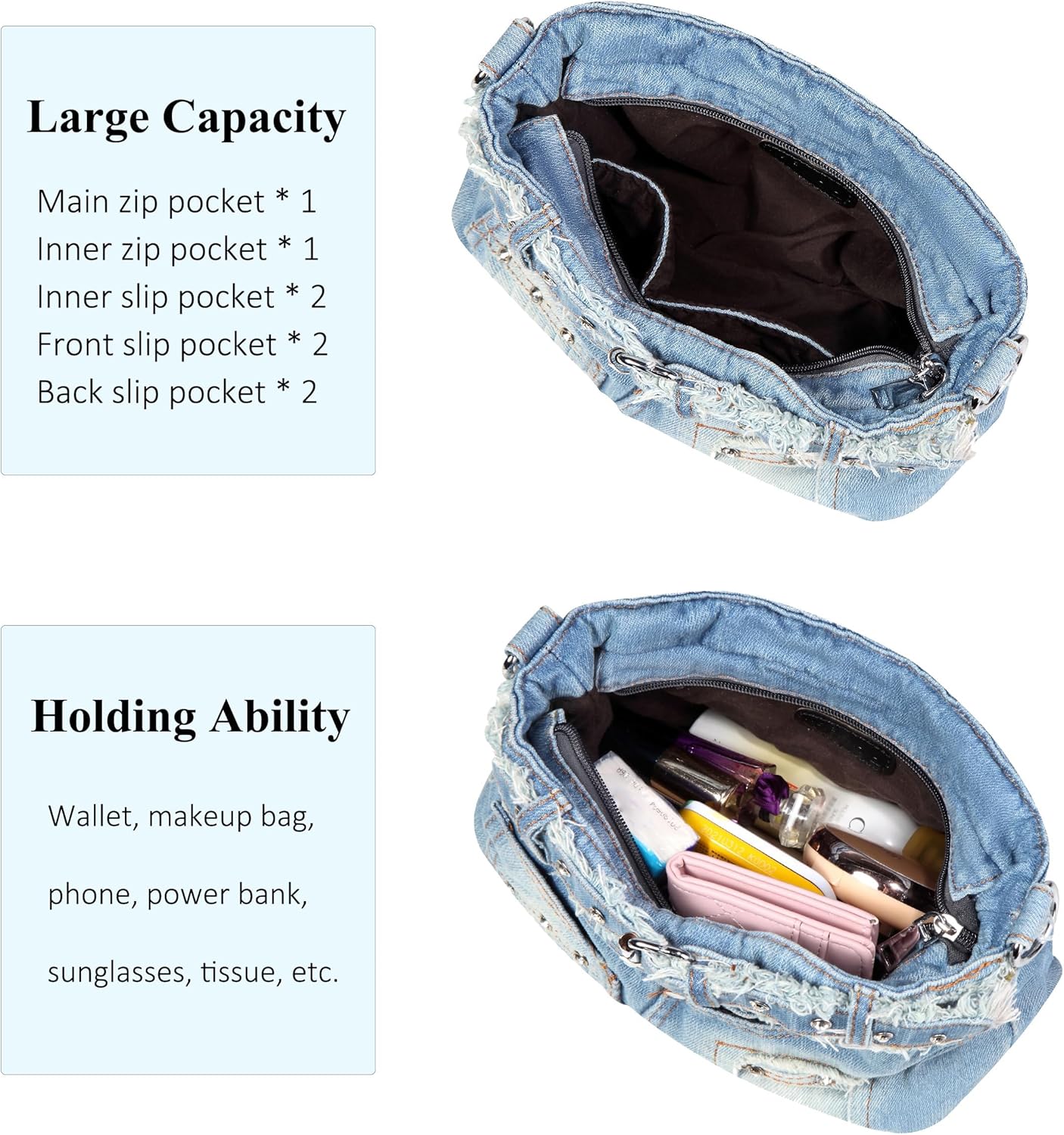 Fashion Crossbody Bag Denim Purse with Rhinestones Y2K Jean Handbag for Women | Washed Denim