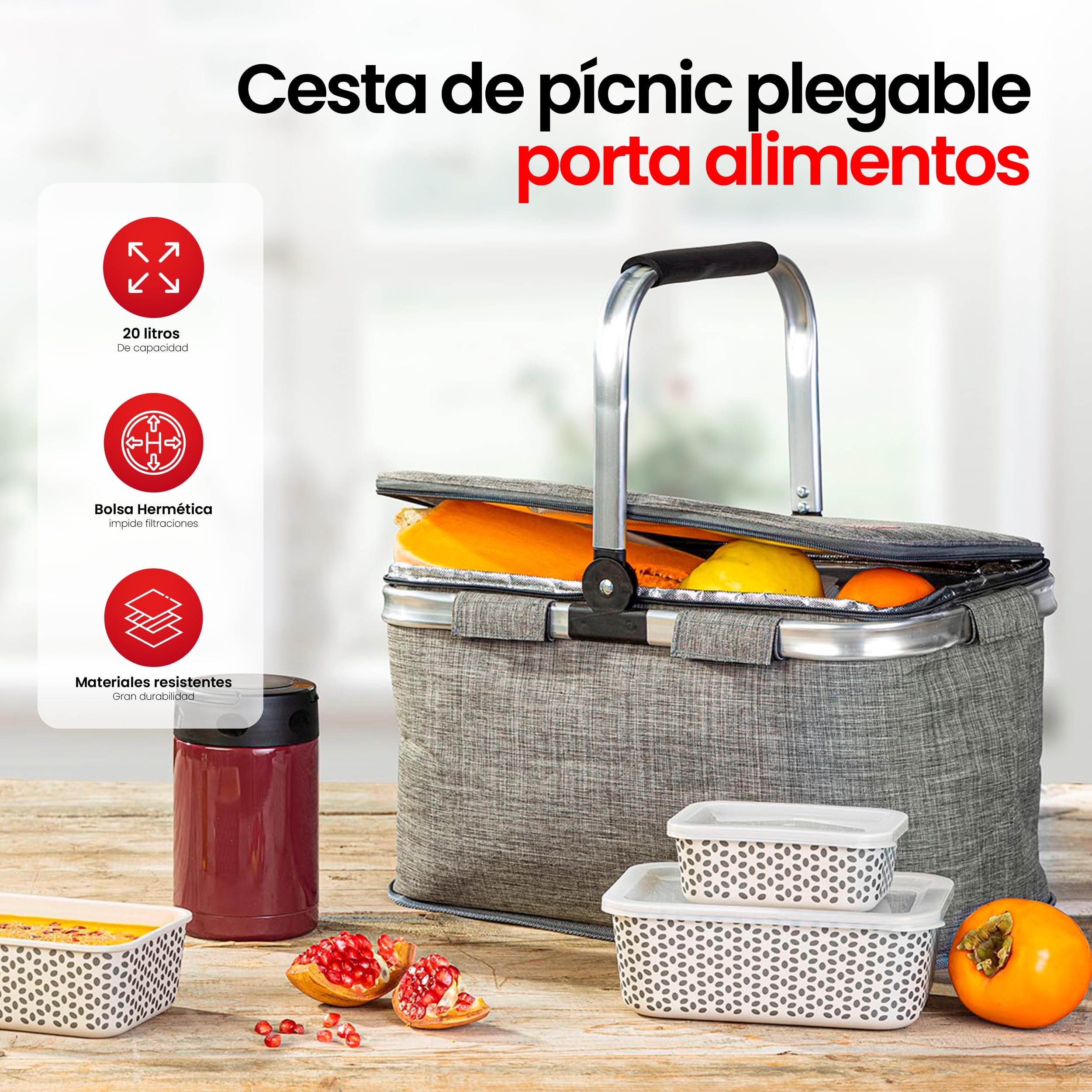 IRIS BARCELONA - Cesta Picnic Plegable, Cesta Térmica para Llevar Comida y Bebida a la Playa, Piscina, Excursión, Picnic Basket 20 l Gris Jaspeado