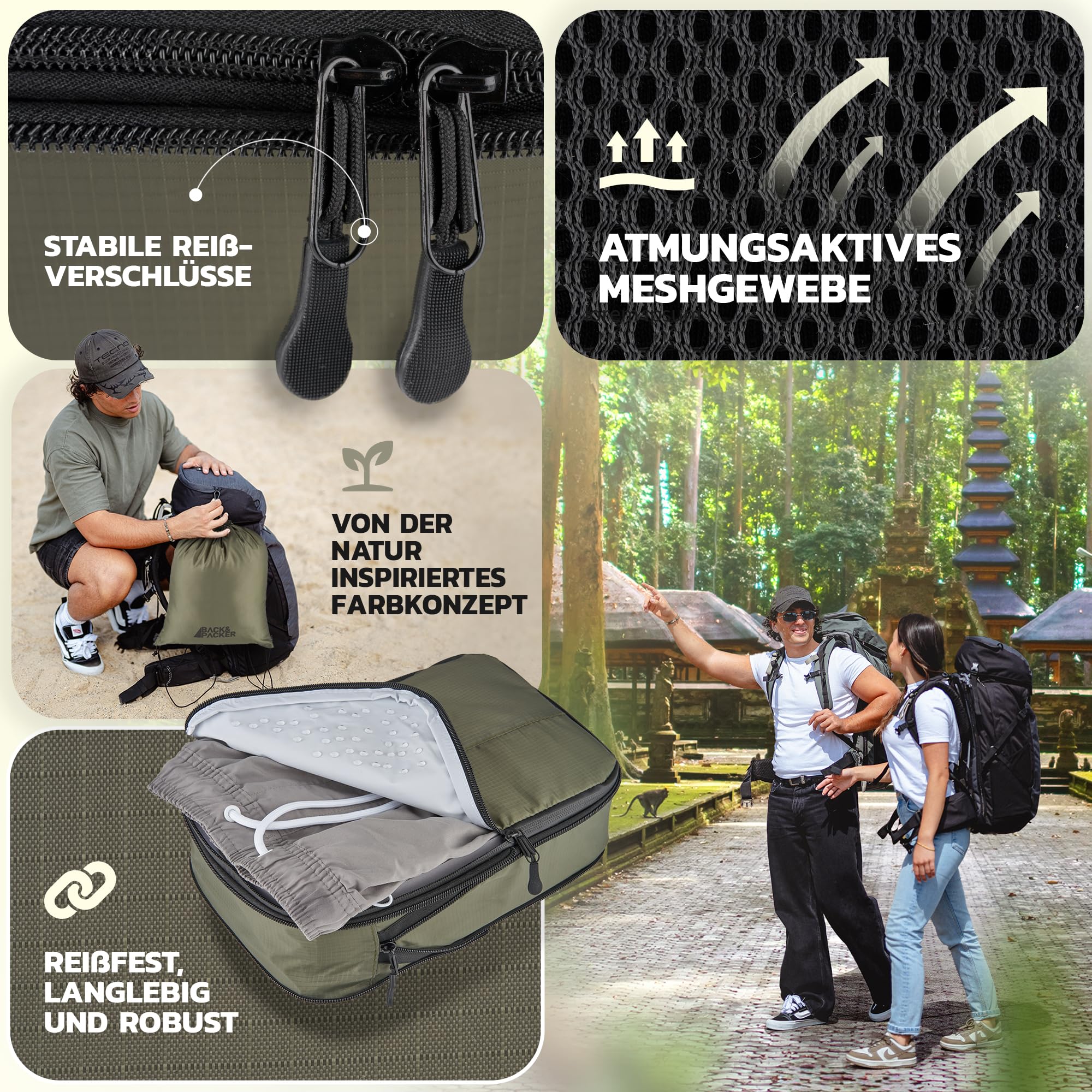 BACK&PACKER® Organizer da viaggio con compressione, set da 6 pezzi in materiale riciclato per zaino e valigia, verde oliva