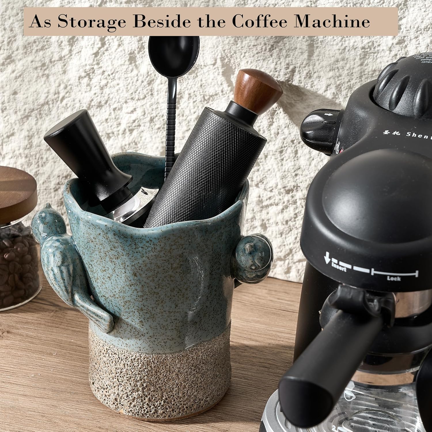 6.38“H Utensil Holder for Kitchen Counter, Modern Farmhouse Cooking Utensil Holder and Crock Home Kitchen Decor, Ceramic Utensil Organizer for Spatula, Ladle, Eggbeater, Rolling Pin- Blue and Brown