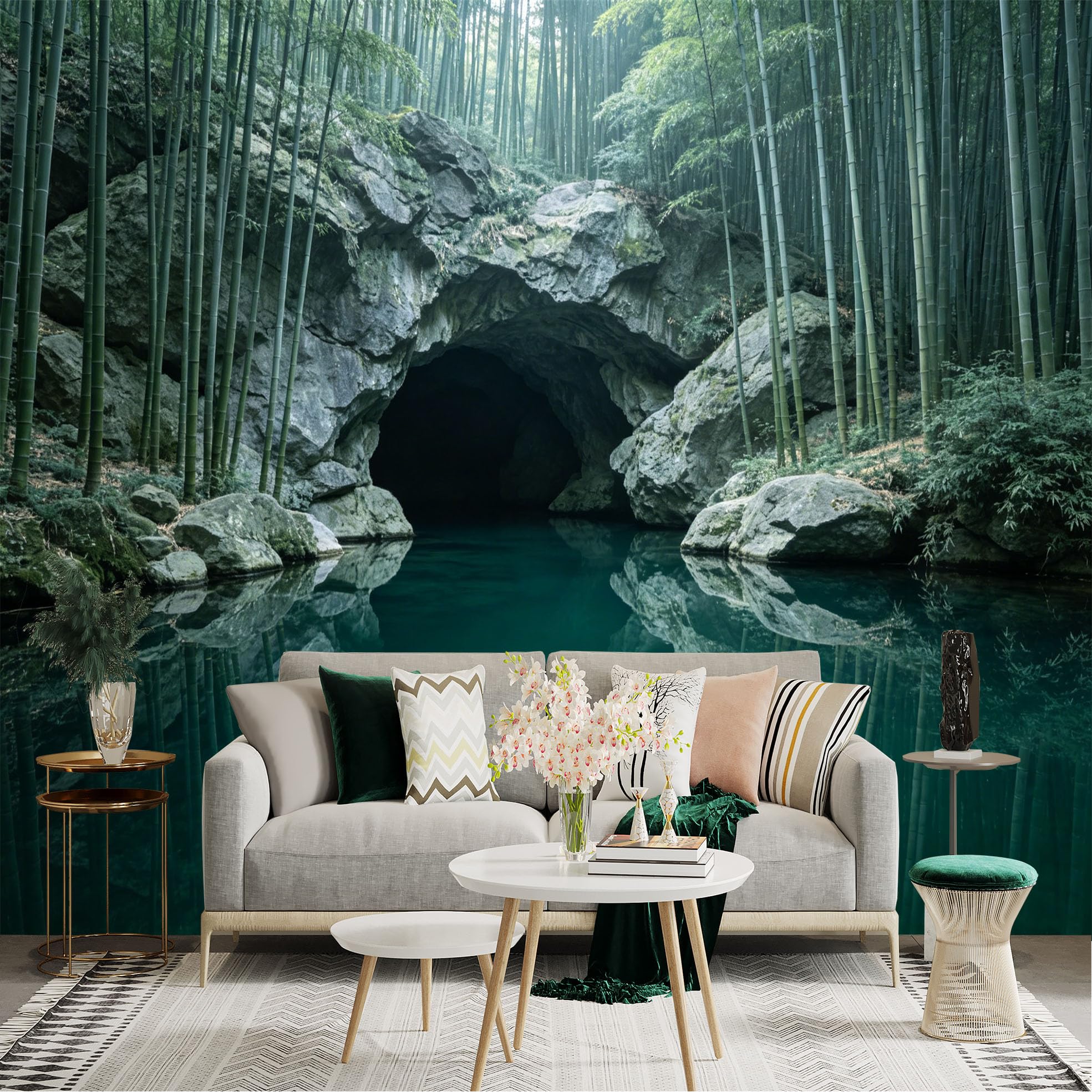 Lnzczhyre Dbh260521591 Custom Size Wall Sticker Mural， Mysterious Forest Cave With Calm Teal Water， Bamboo Grove Scenery， Nature Landscape， For Wall Decoration， Peelandstick Wall Decals.